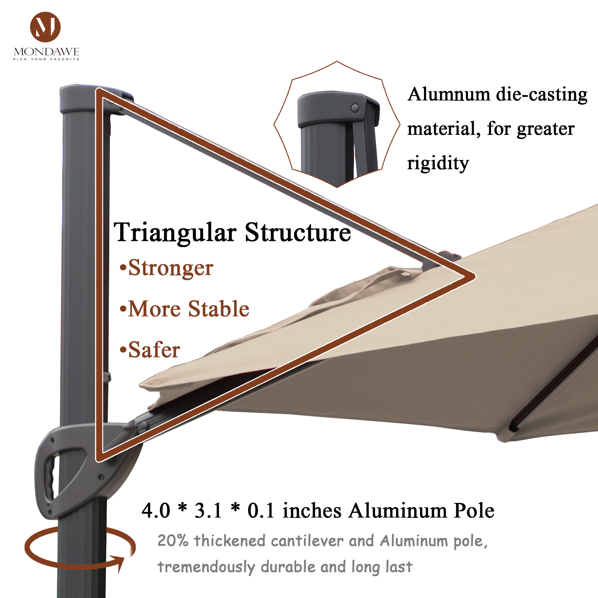 Mondawe 11 ft. Aluminum 360° Rotation Cantilever Patio Umbrella with Base for Garden Balcony-Mondawe