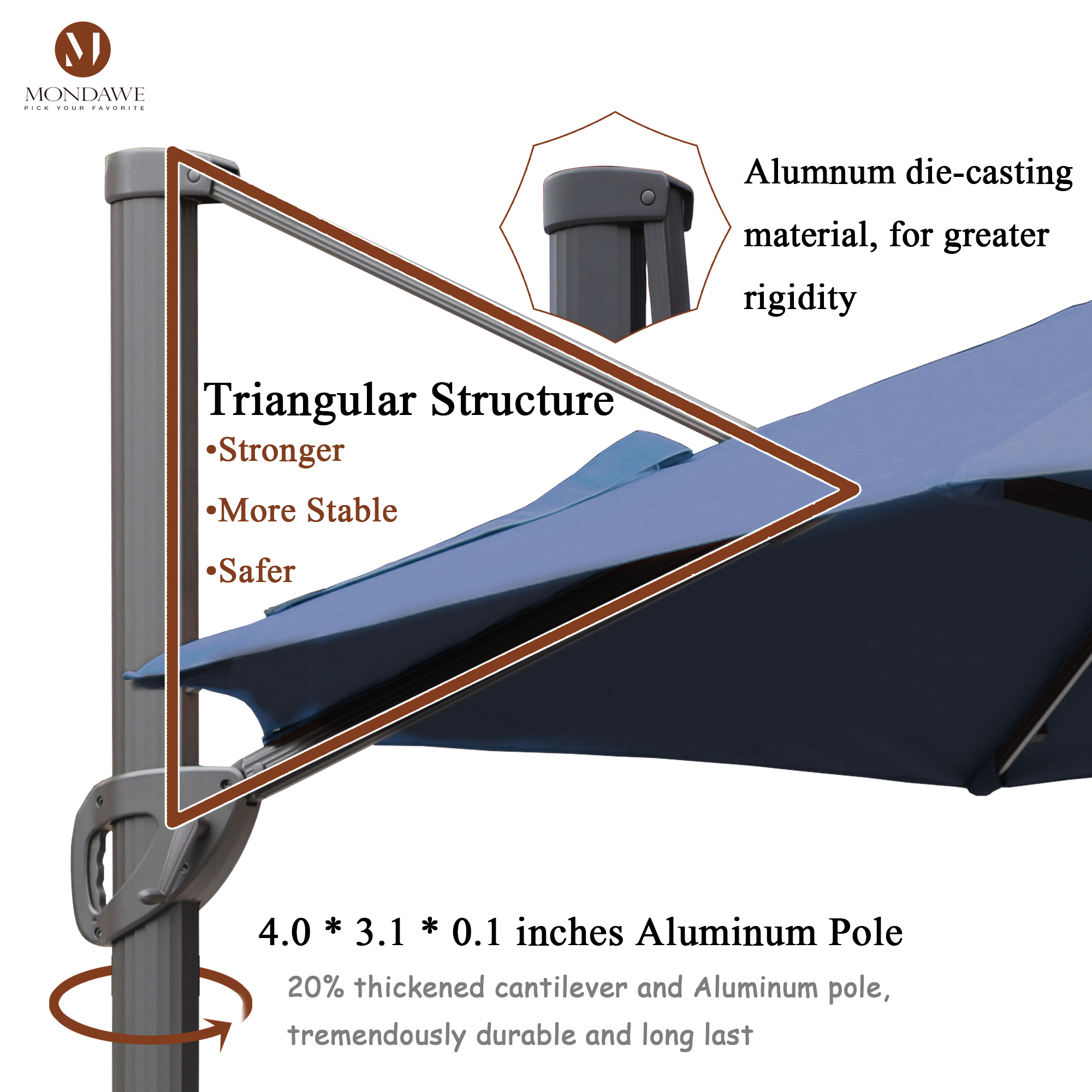 Mondawe 11 ft. Aluminum 360° Rotation Cantilever Patio Umbrella with Led Lights and Base for Balcony-Mondawe