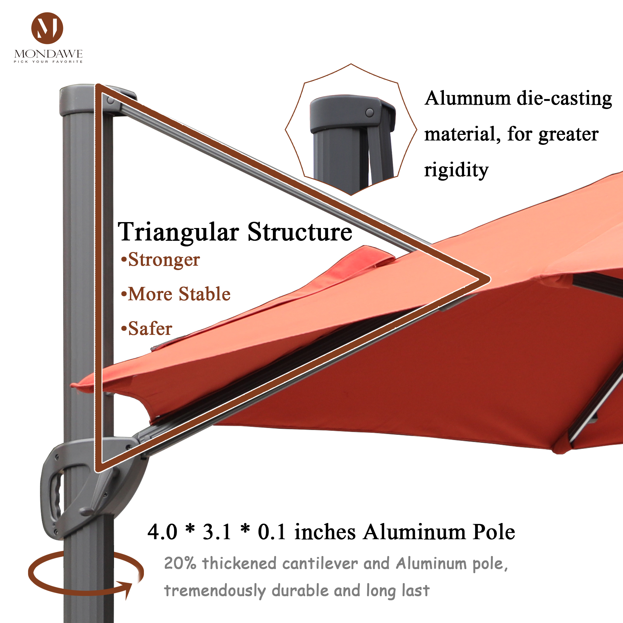 Mondawe 11 ft. Aluminum 360° Rotation Cantilever Patio Umbrella with Led Lights and Base for Balcony-Mondawe