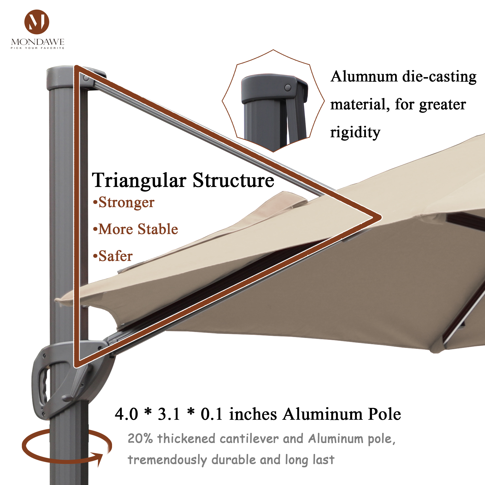 Mondawe 11 ft. Aluminum 360° Rotation Cantilever Patio Umbrella with Led Lights and Base for Balcony-Mondawe