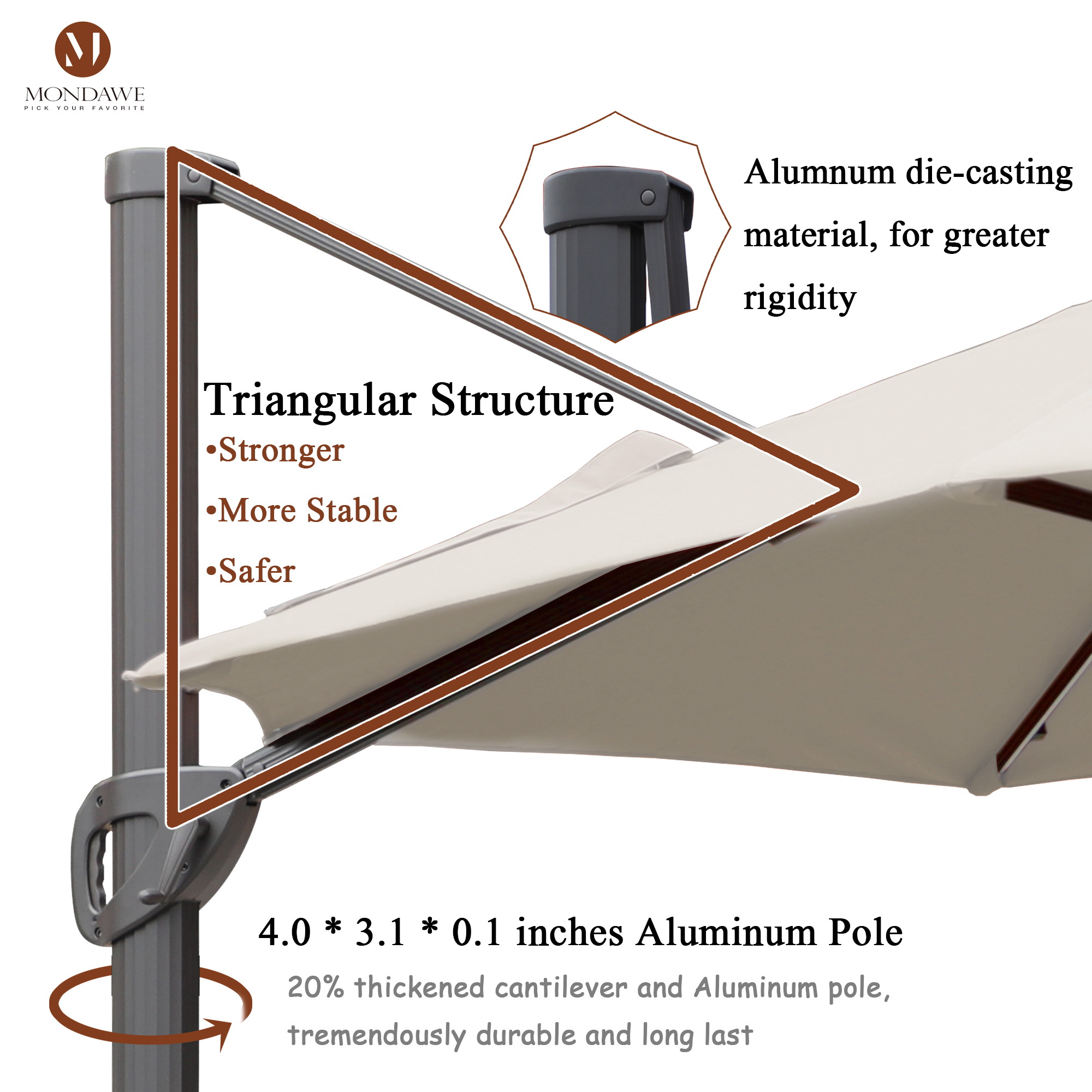 Mondawe 11 ft. Aluminum 360° Rotation Cantilever Patio Umbrella with Led Lights and Base for Balcony-Mondawe