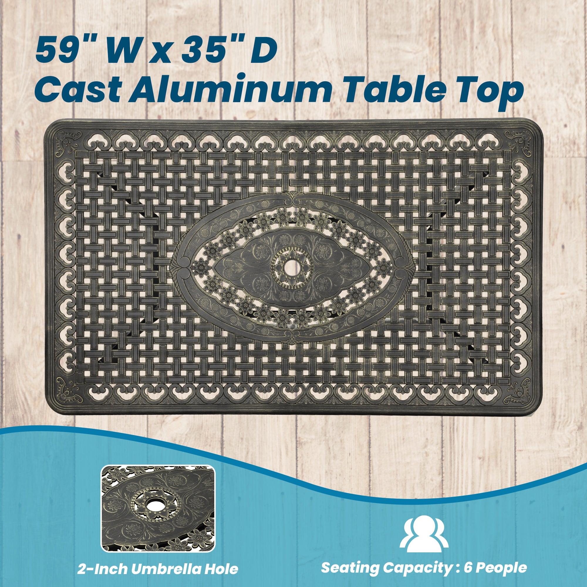 59. in Cast Aluminum Patio Rectangular Hollow-Carved Dining Table with Umbrella Hole