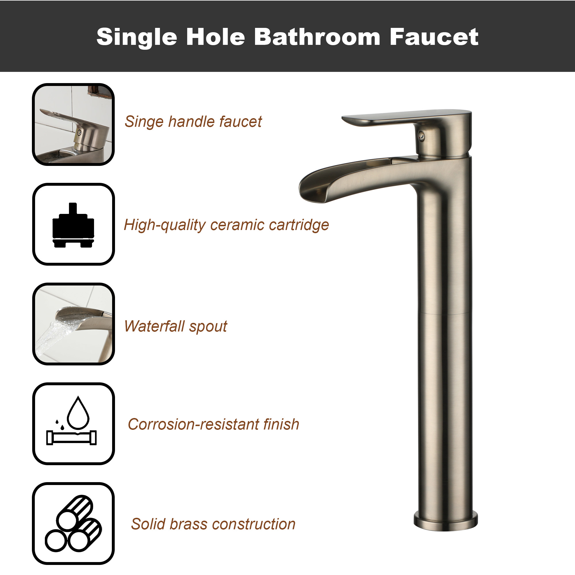 Waterfall Spout High Vessel Bathroom Sink Faucet, Basin Faucet Single Handle Single Hole Brushed Nickel/Matte Black