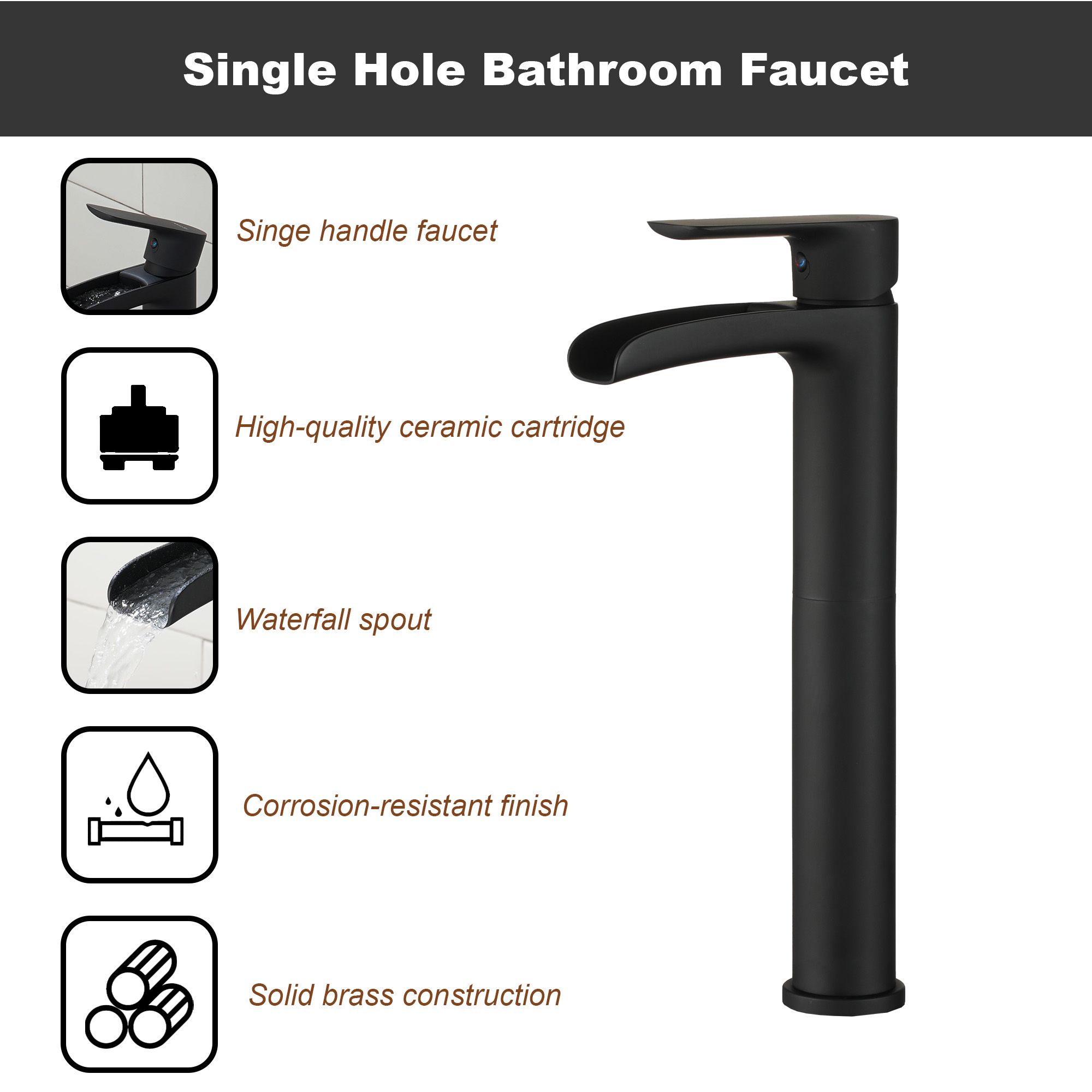 Waterfall Spout High Vessel Bathroom Sink Faucet, Basin Faucet Single Handle Single Hole Brushed Nickel/Matte Black