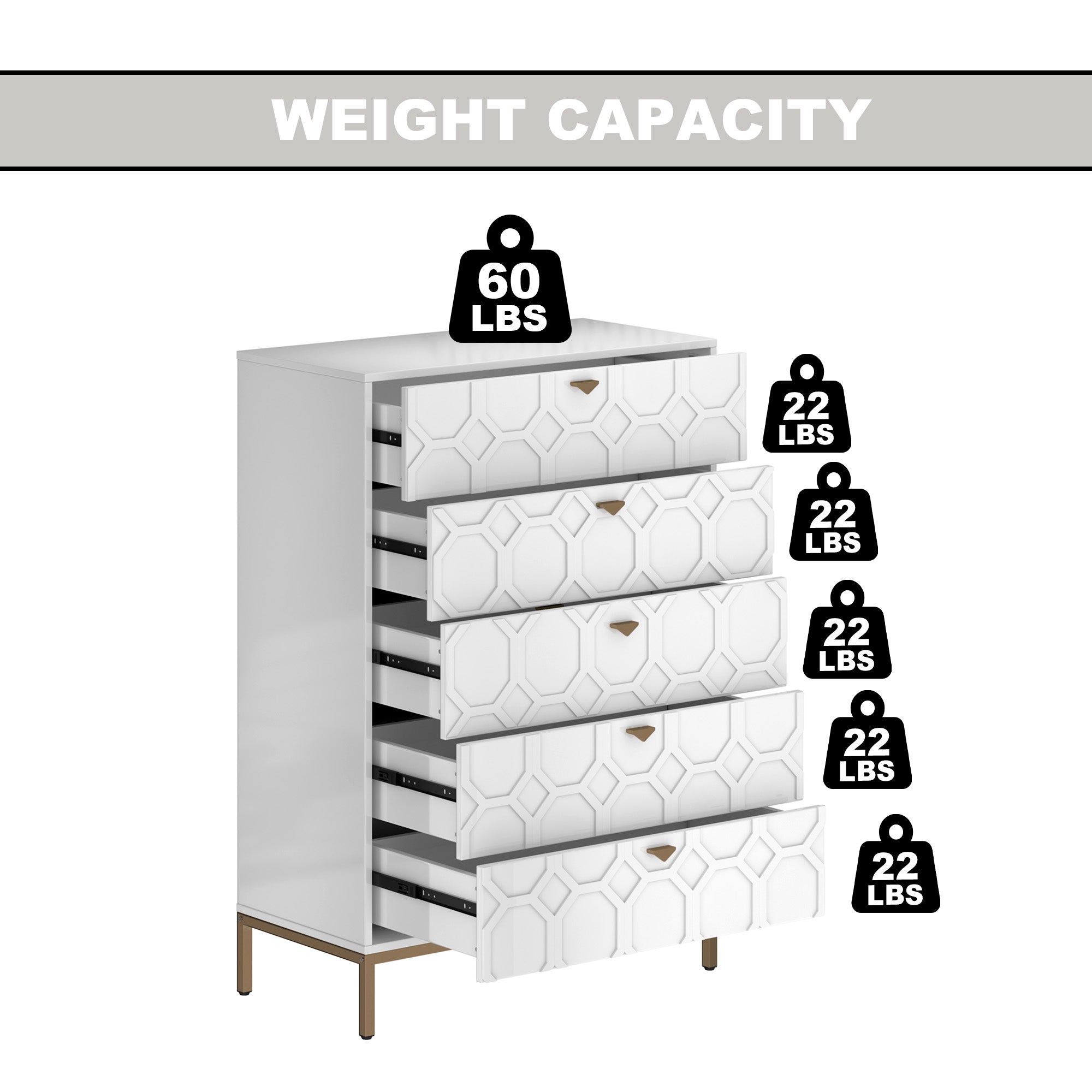 49.2 in. H Freestanding Storage Cabinet White 5 Drawer Accent Cabinet