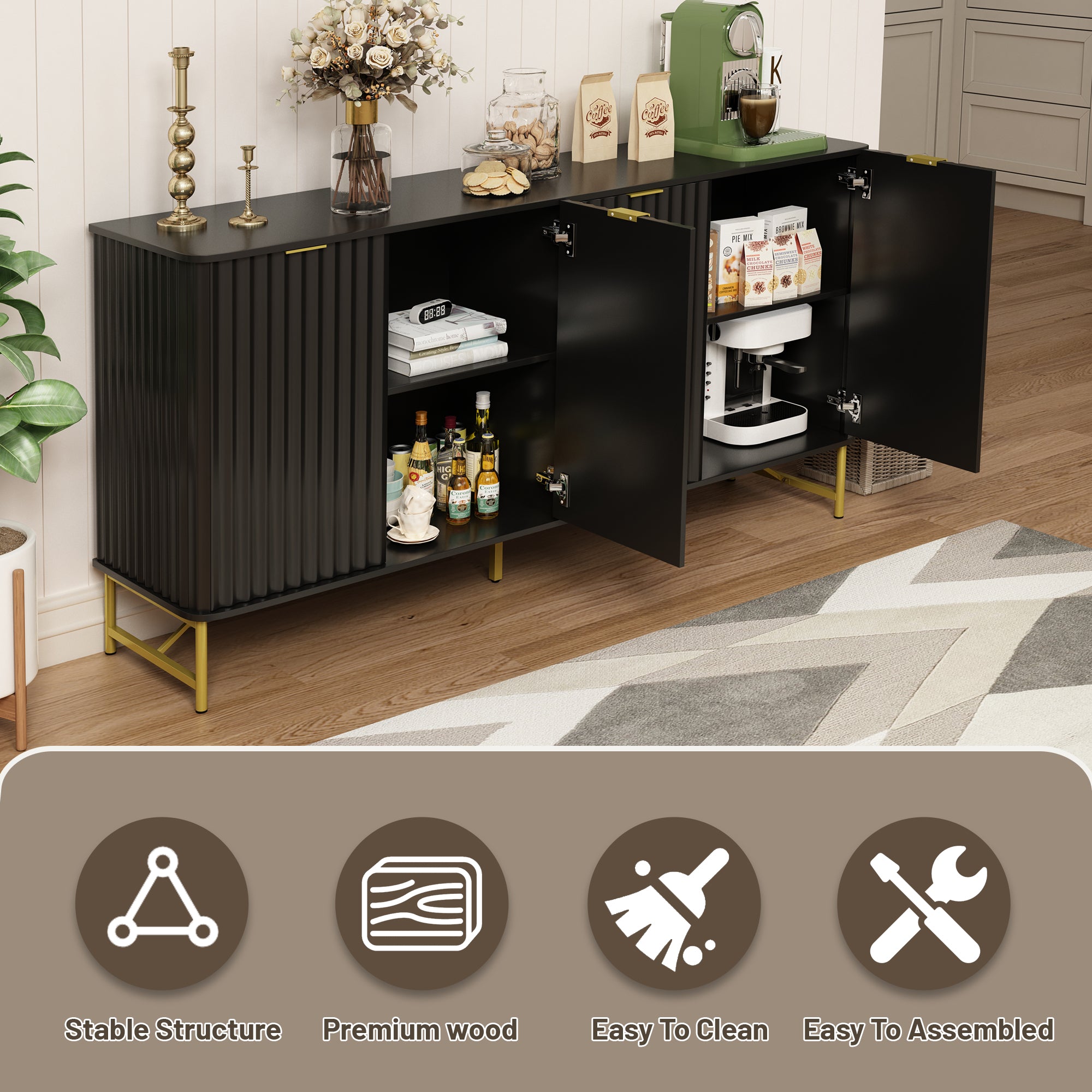 Storage Cabinet with 4 Doors，63 Inch Monden Accent Cabinet，Free-Standing Sideboard with Gold Legs for Hallway, Living Room