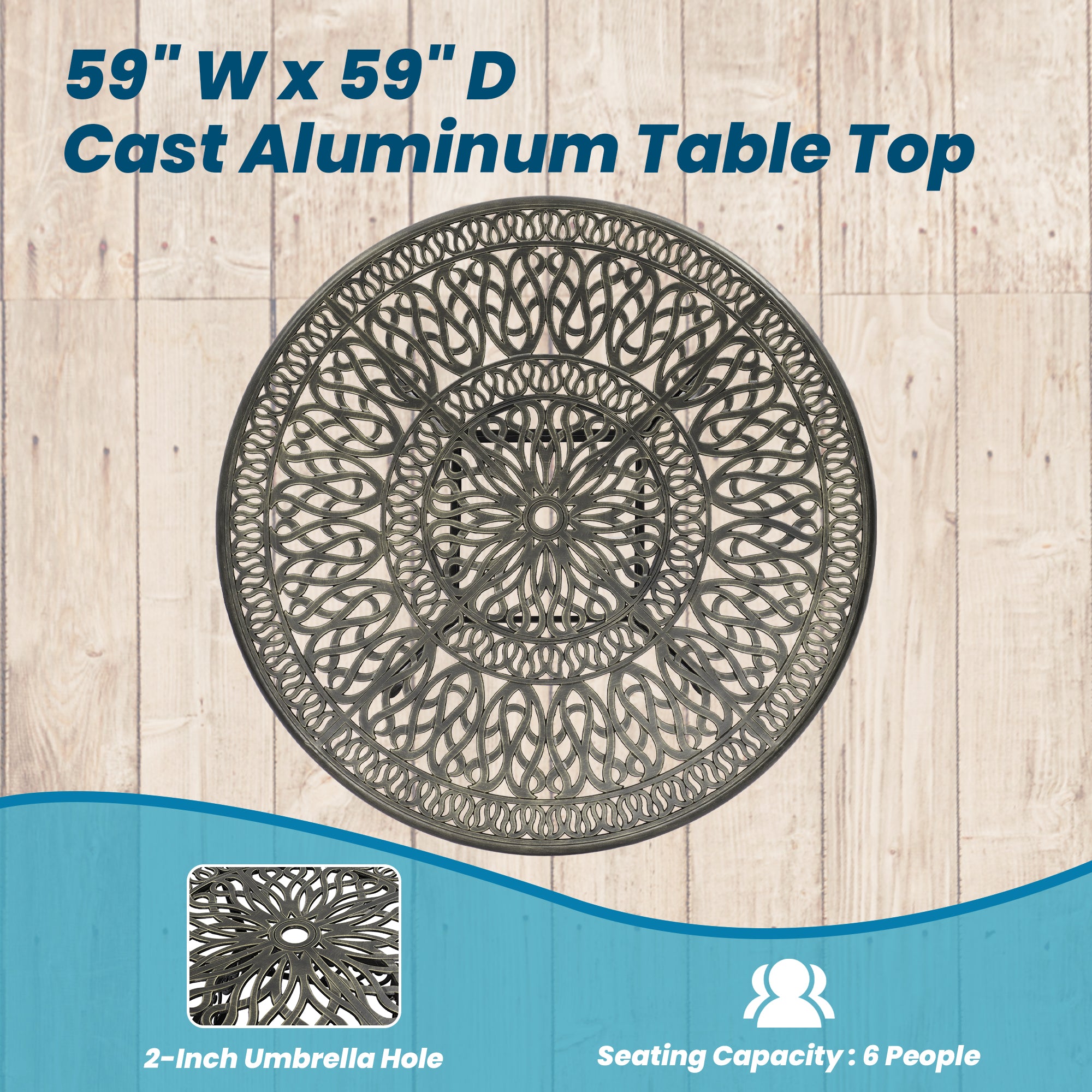 59. in Cast Aluminum Patio Round Dining Table with Umbrella Hole