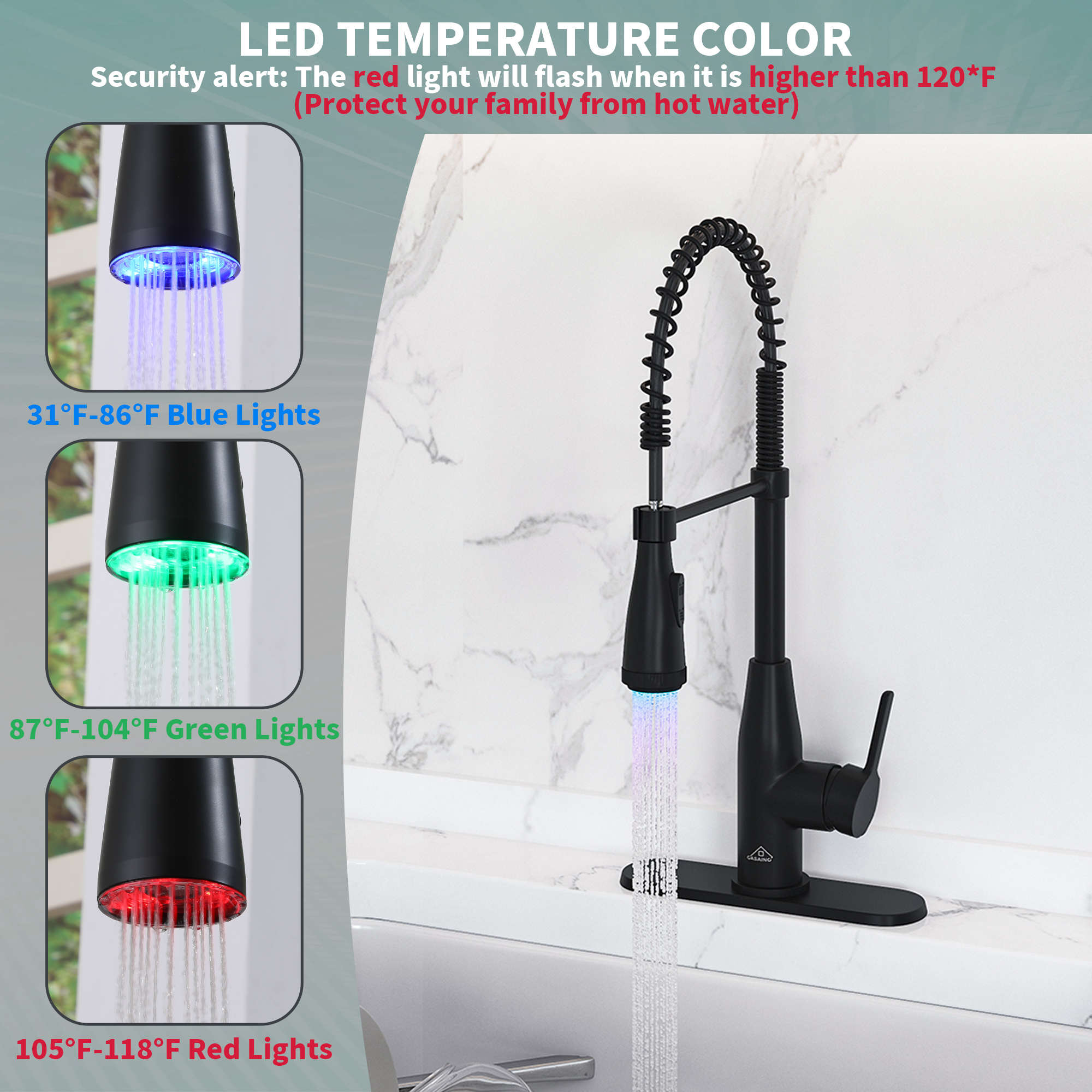 Single Handle Pull Down Sprayer Kitchen Faucet with LED Lights Temperature Display in Matte Black