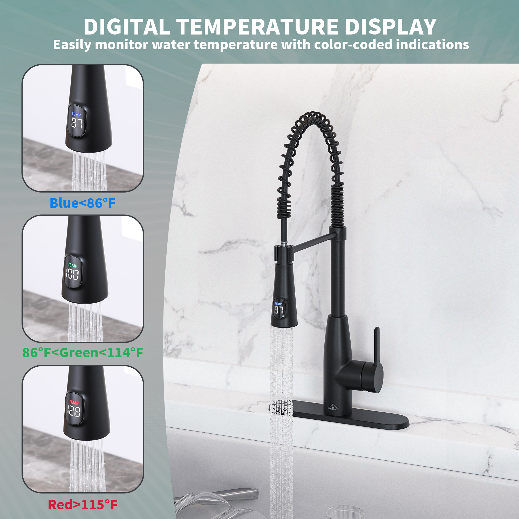 Single Handle Pull Down Sprayer Kitchen Faucet with Touchless Sensor and Intelligent Temperature Display in Matte Black