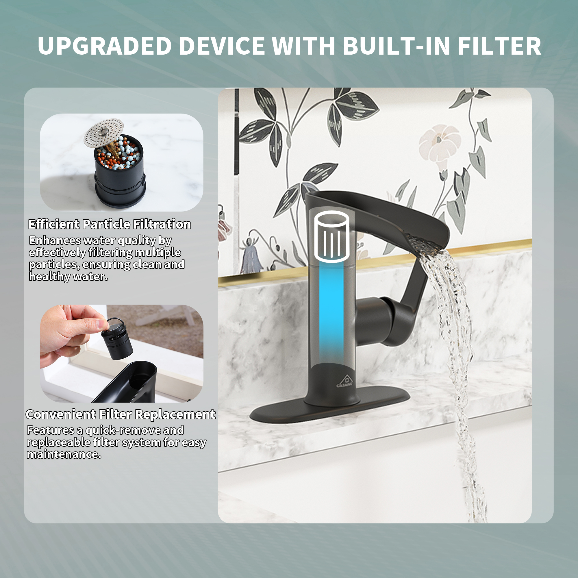 Single Handle Single Hole Bathroom Vanity Sink Waterfall Spout Bathroom Faucet with Filter Particles in Matte Black