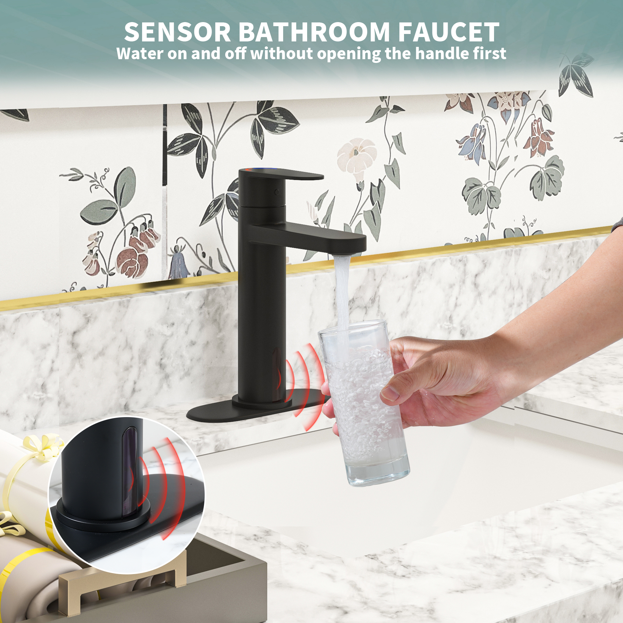 Automatic Sensor Touchless Bathroom Sink Faucet with Pop-up Drain in Matte Black