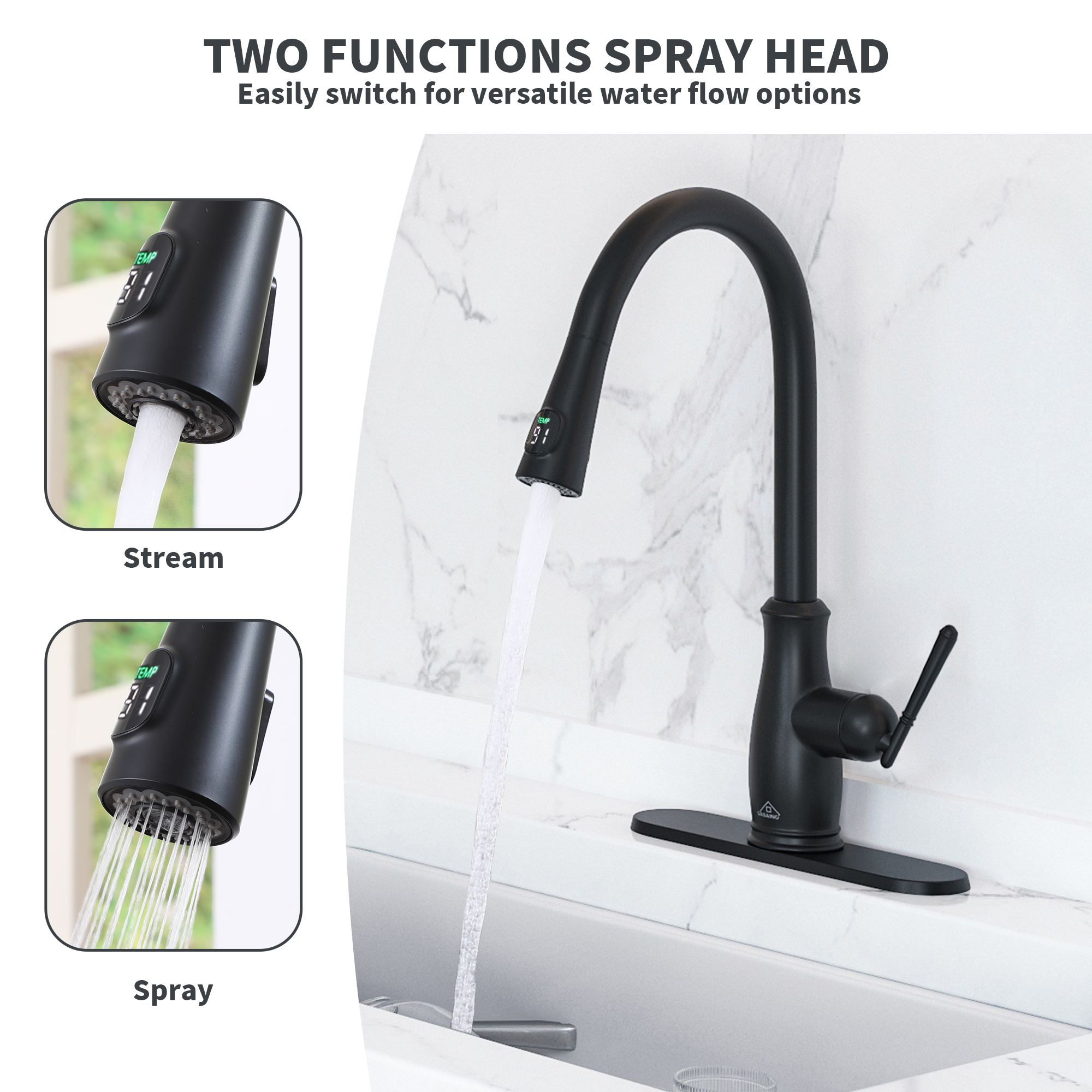 Single Handle Pull Down Sprayer Kitchen Faucet with Intelligent Temperature Display in Matte Black