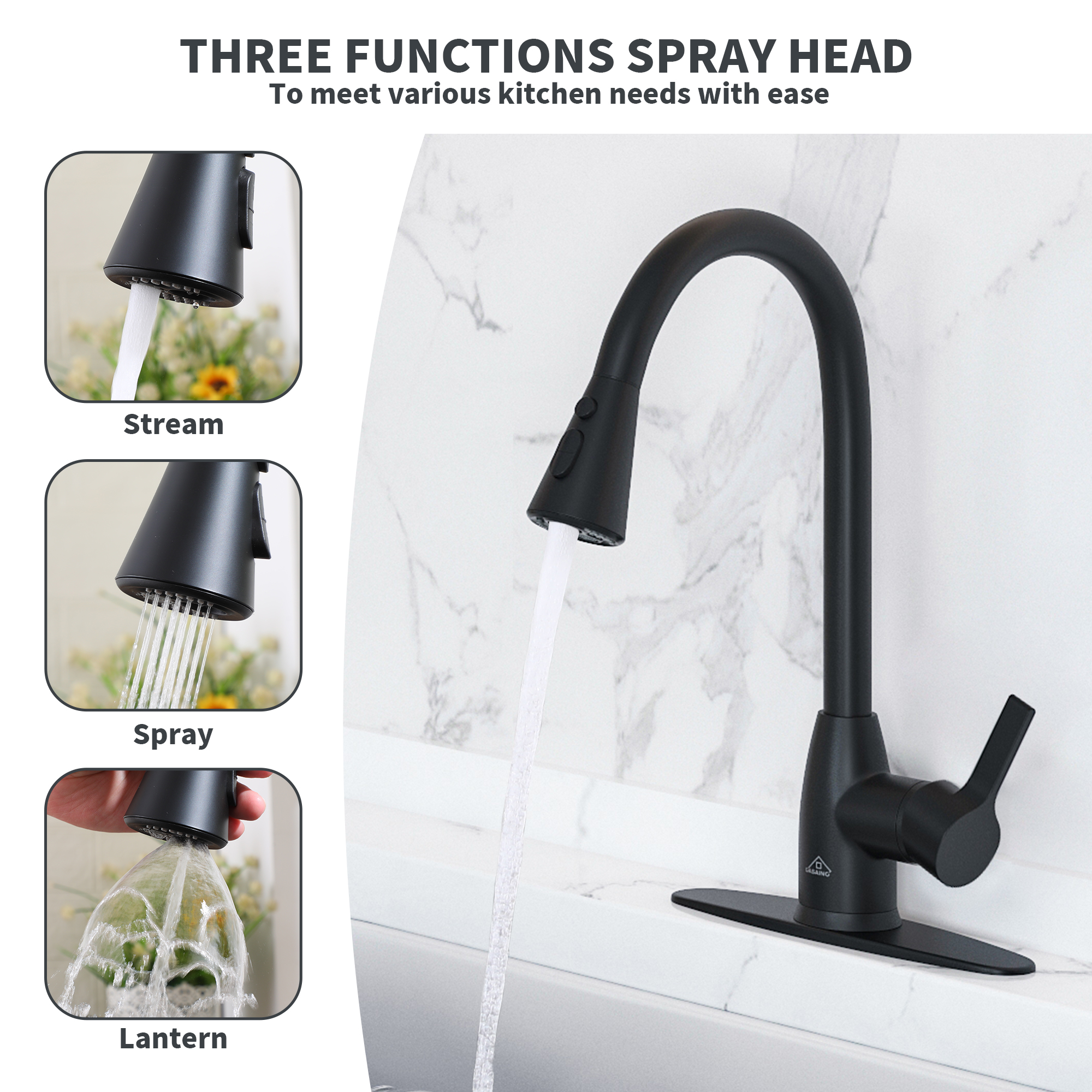 Single Handle Pull Down Sprayer Kitchen Faucet with Three Functions Spray Head in Matte Black