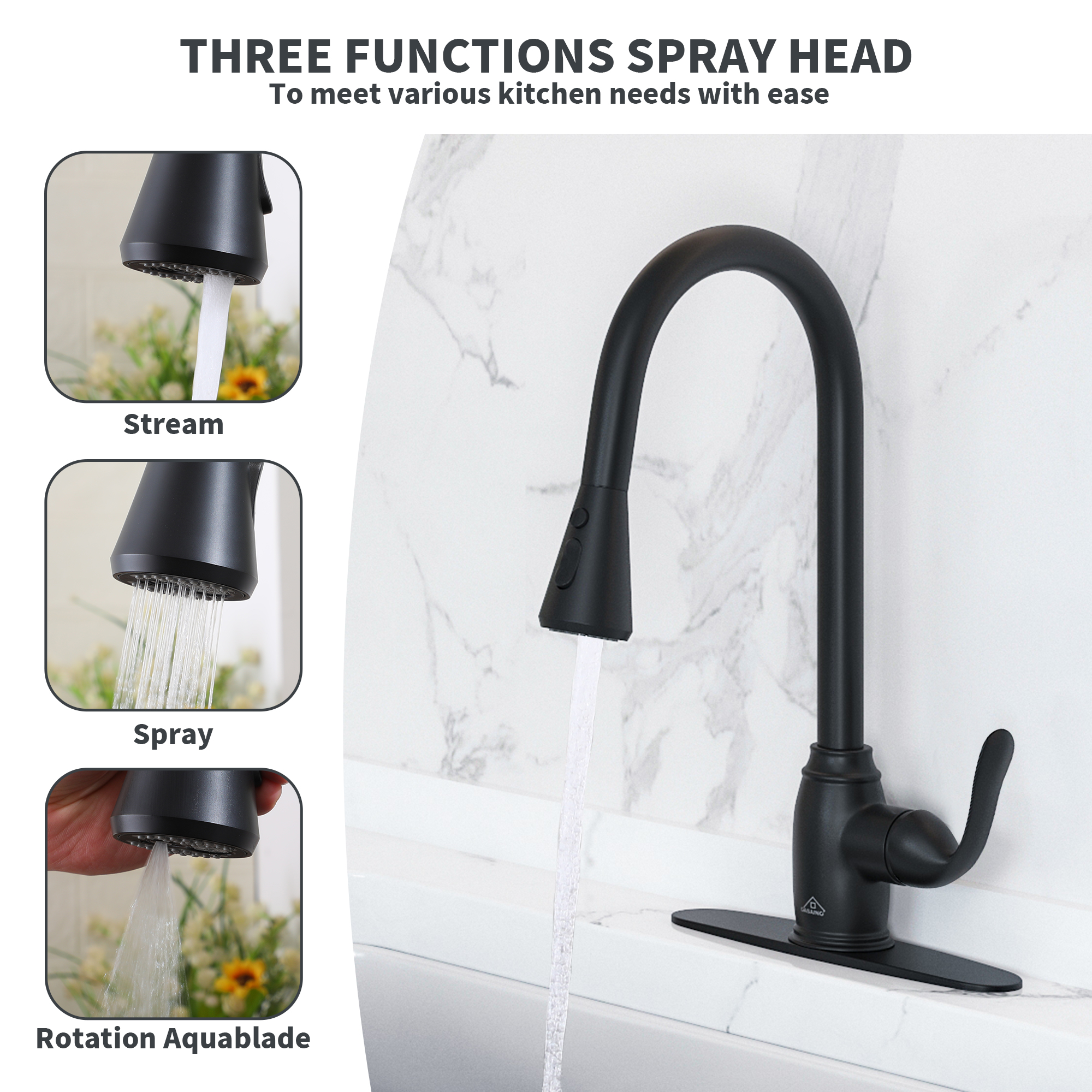 Single Handle Pull Down Sprayer Kitchen Faucet with Three Functions Spray Head in Matte Black