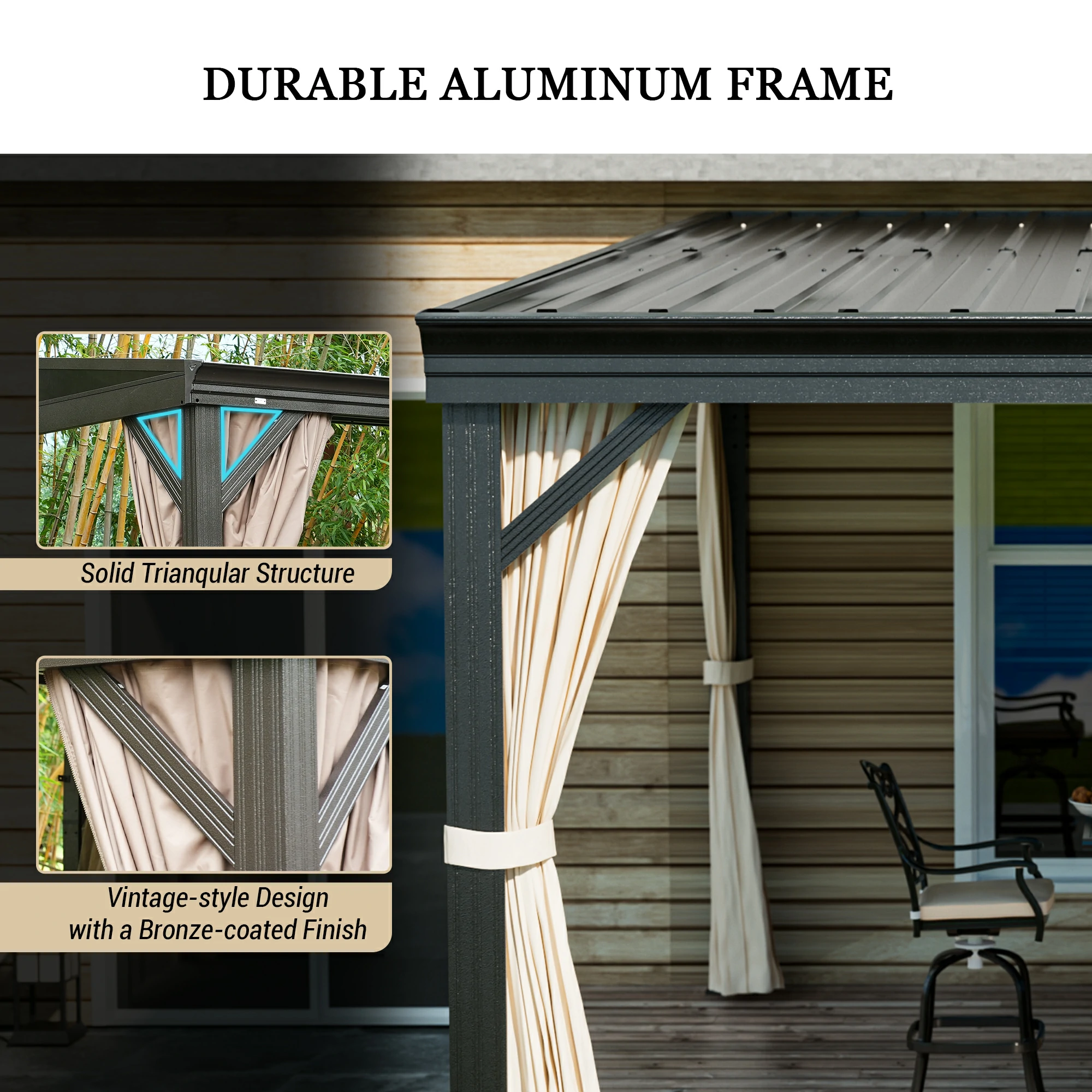 Outdoor Wall-Mounted Hardtop Gazebo Aluminum Frame Galvanized Steel Roof Sunroom with Curtains and Netting