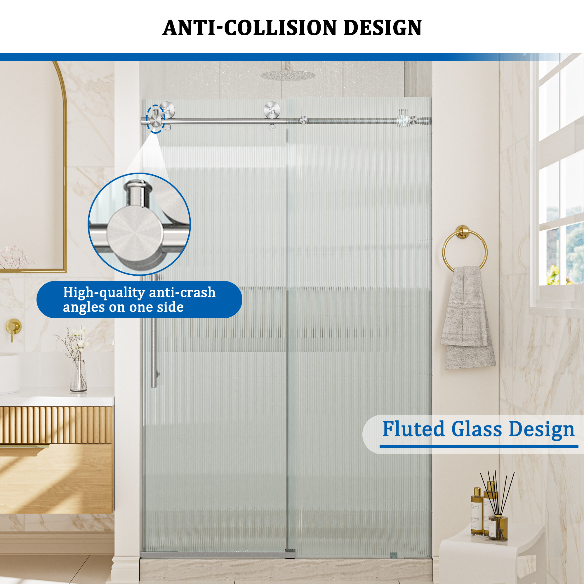 Double sliding frameless shower door with 10mm grooved tempered glass