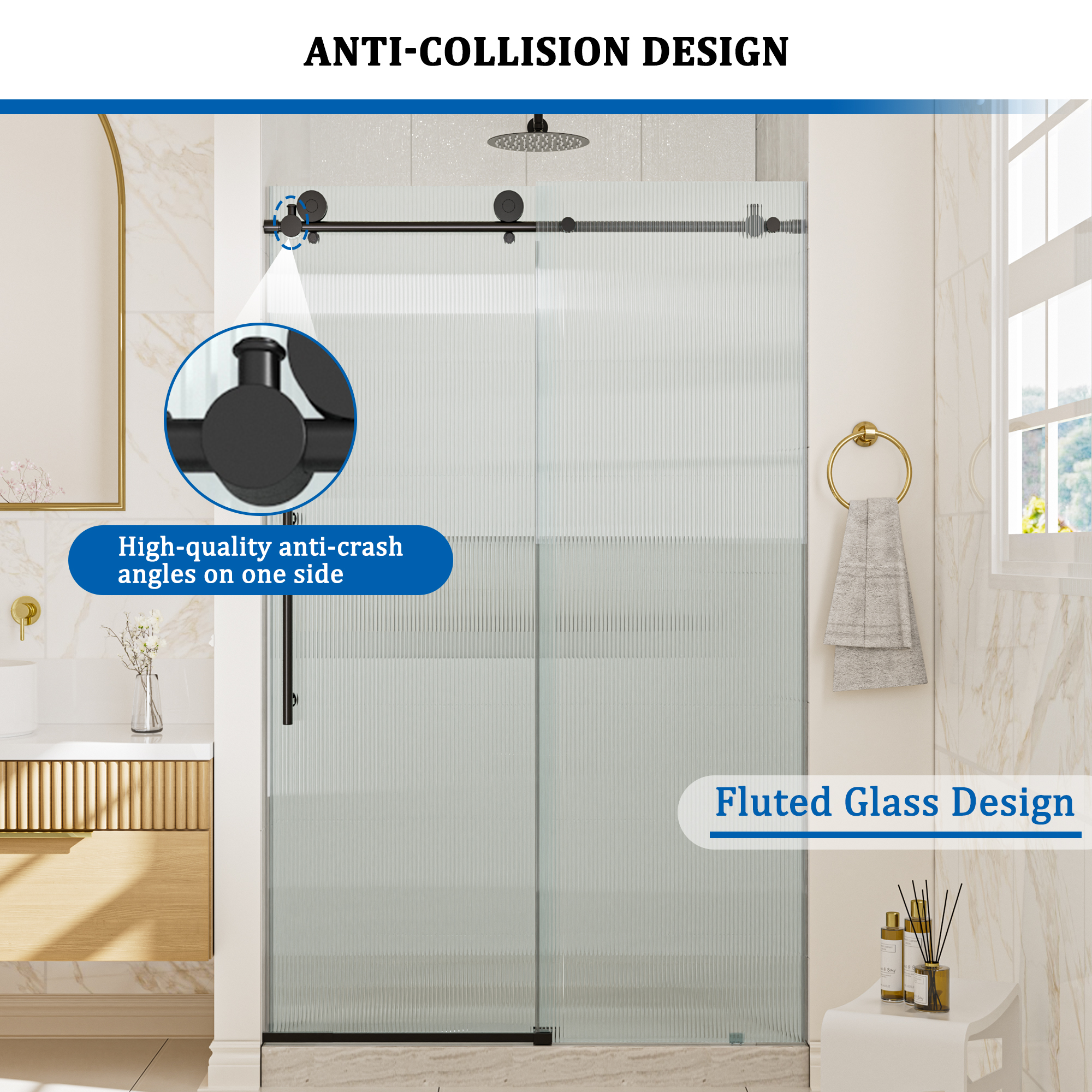 Double sliding frameless shower door with 10mm grooved tempered glass
