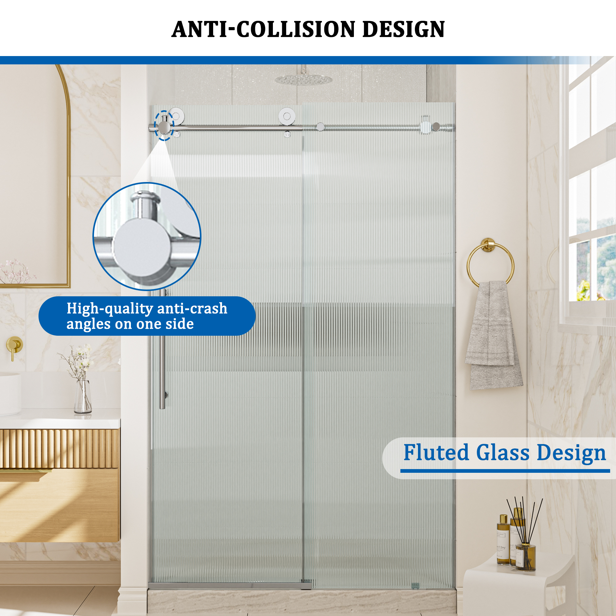 Double sliding frameless shower door with 10mm grooved tempered glass