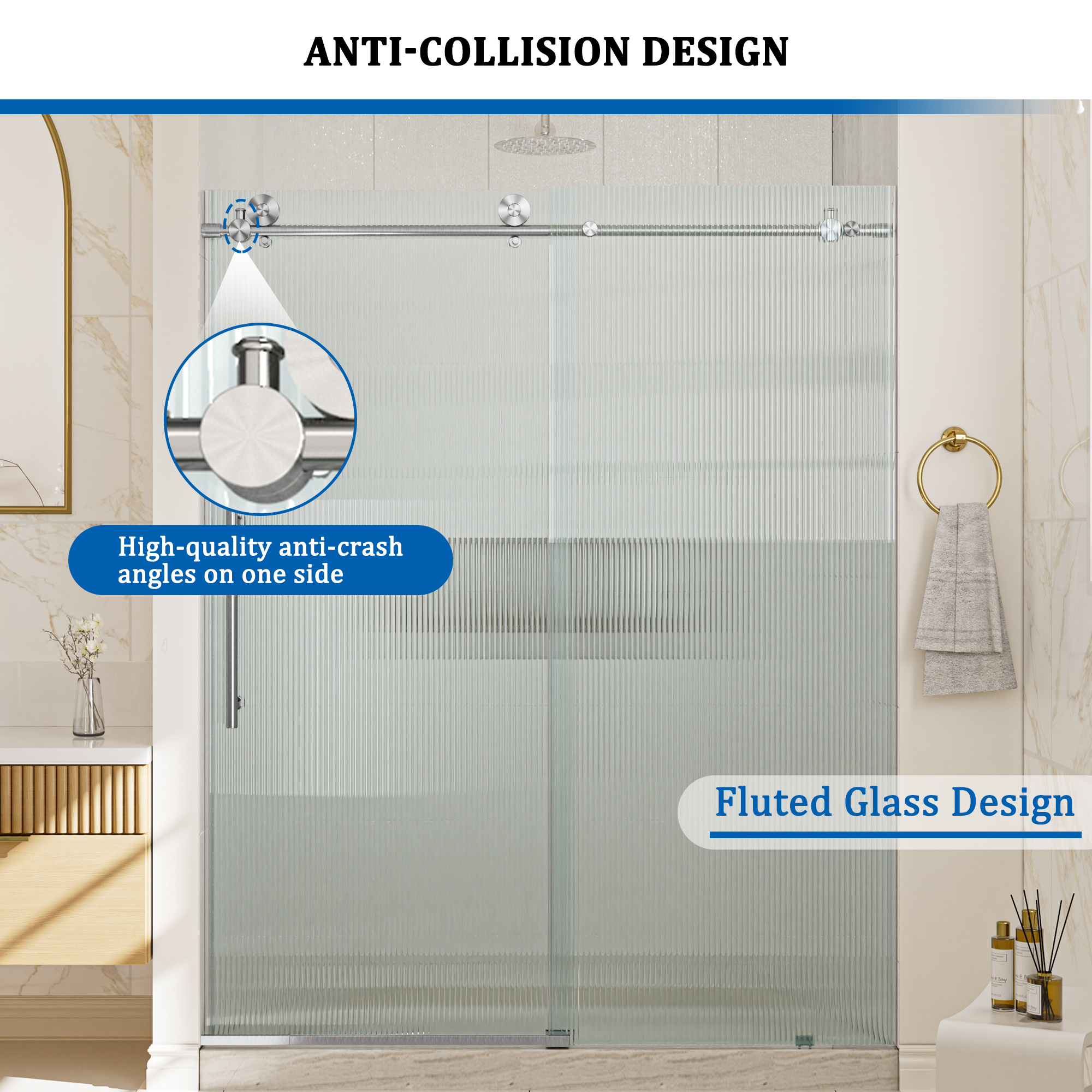 Double sliding frameless shower door with 10mm grooved tempered glass