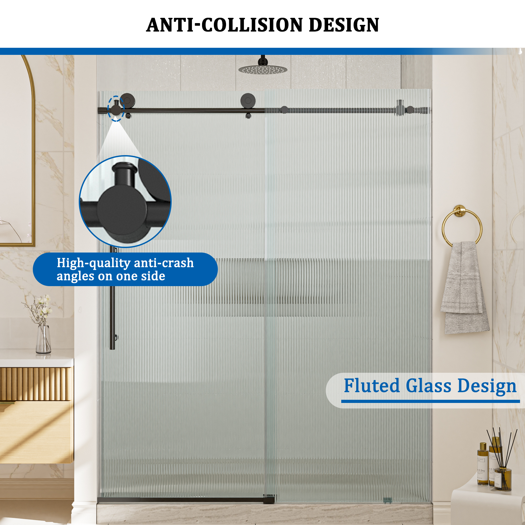 Double sliding frameless shower door with 10mm grooved tempered glass