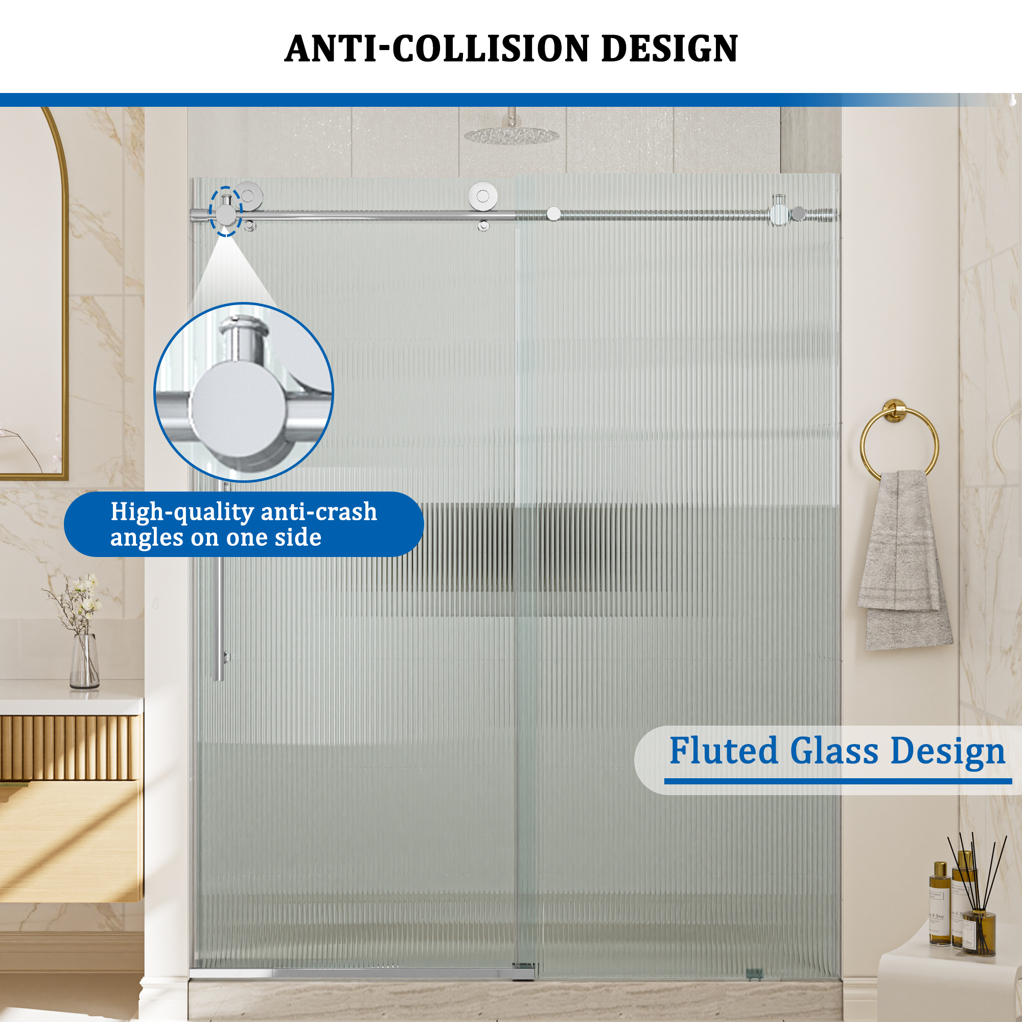 Double sliding frameless shower door with 10mm grooved tempered glass
