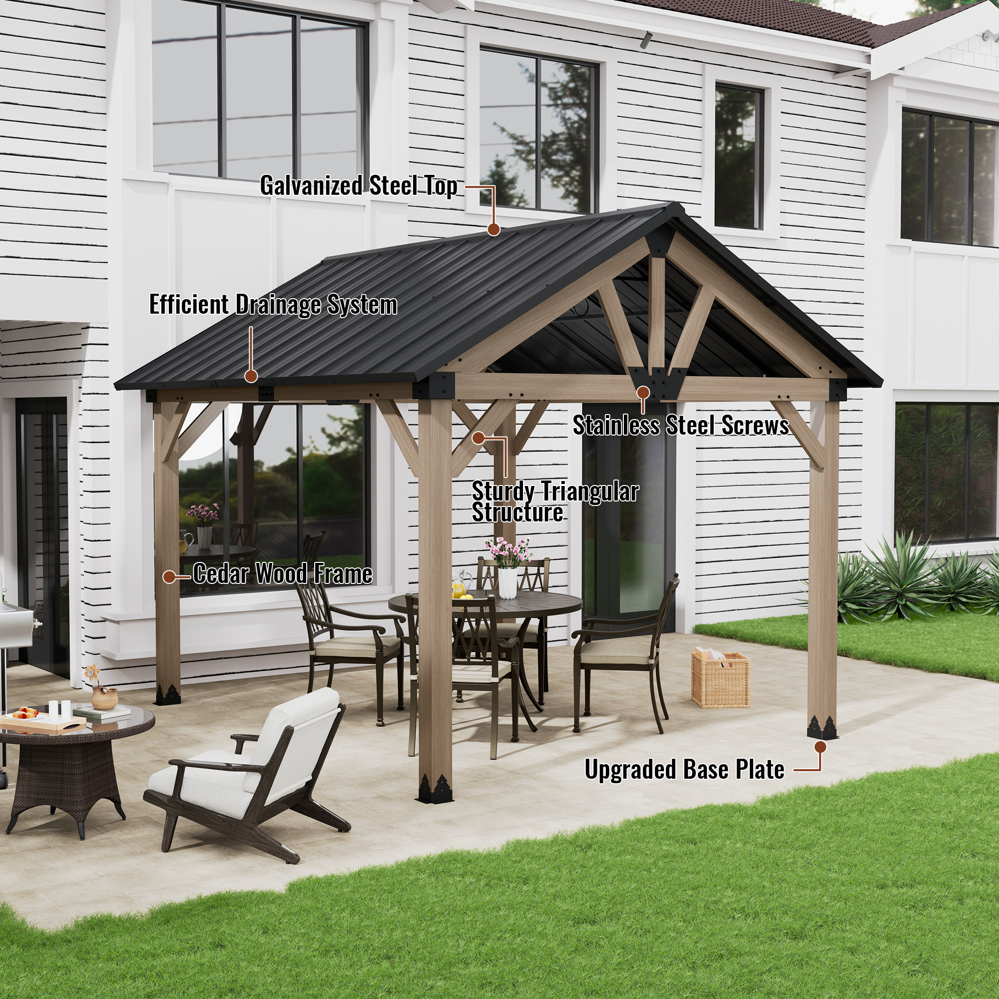 10 ft. x 12 ft. Outdoor Cedar Wood Frame Patio Gazebo Canopy Galvanized Steel Gable Hardtop Roof for Patio Lawn Backyard - Greenwich Serie