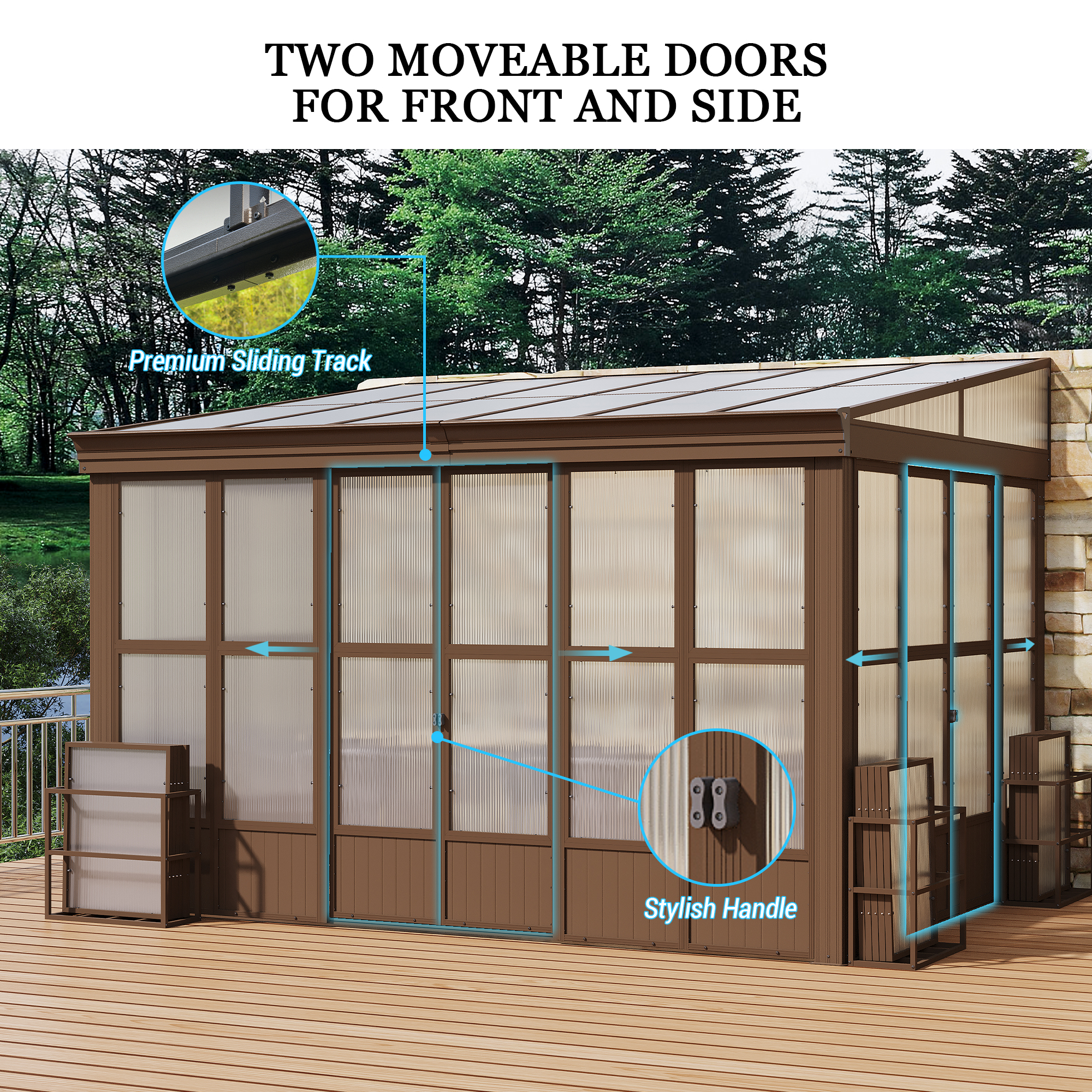 Lean-to Sunroom 10x12FT, Wall Mounted Solarium with Sloping Polycarbonate Roof, Detachable Polycarbonate Screens, 2 Lockable Sliding Doors, Aluminum Gazebo Against Wall Sun Room for Patio Deck