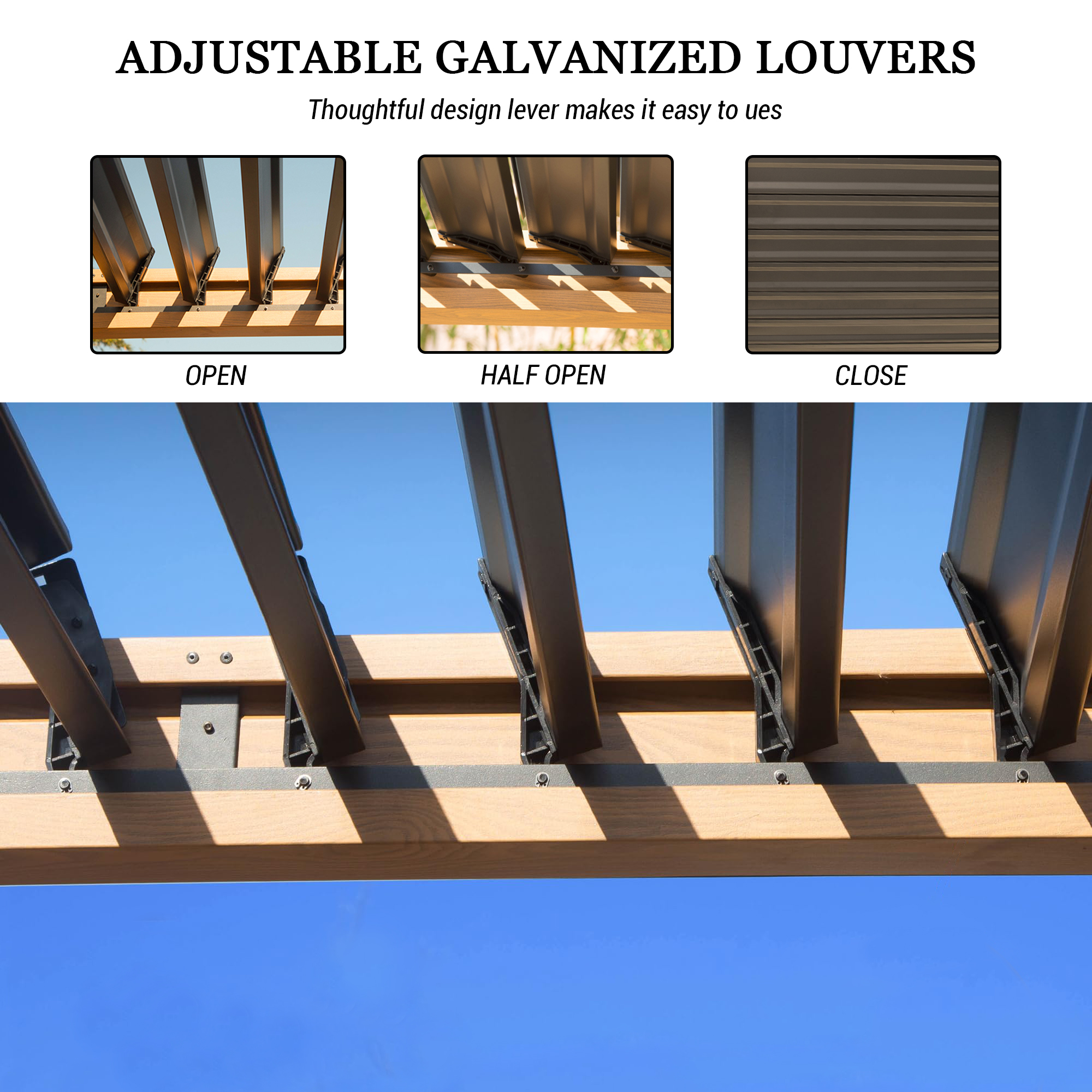 Louvered Pergola, Wood Grain Aluminum Pergola with Adjustable Roof, Wood Looking Aluminum Frame, Efficient Drainage System, Outdoor Pergola for Patio, Deck, Garden