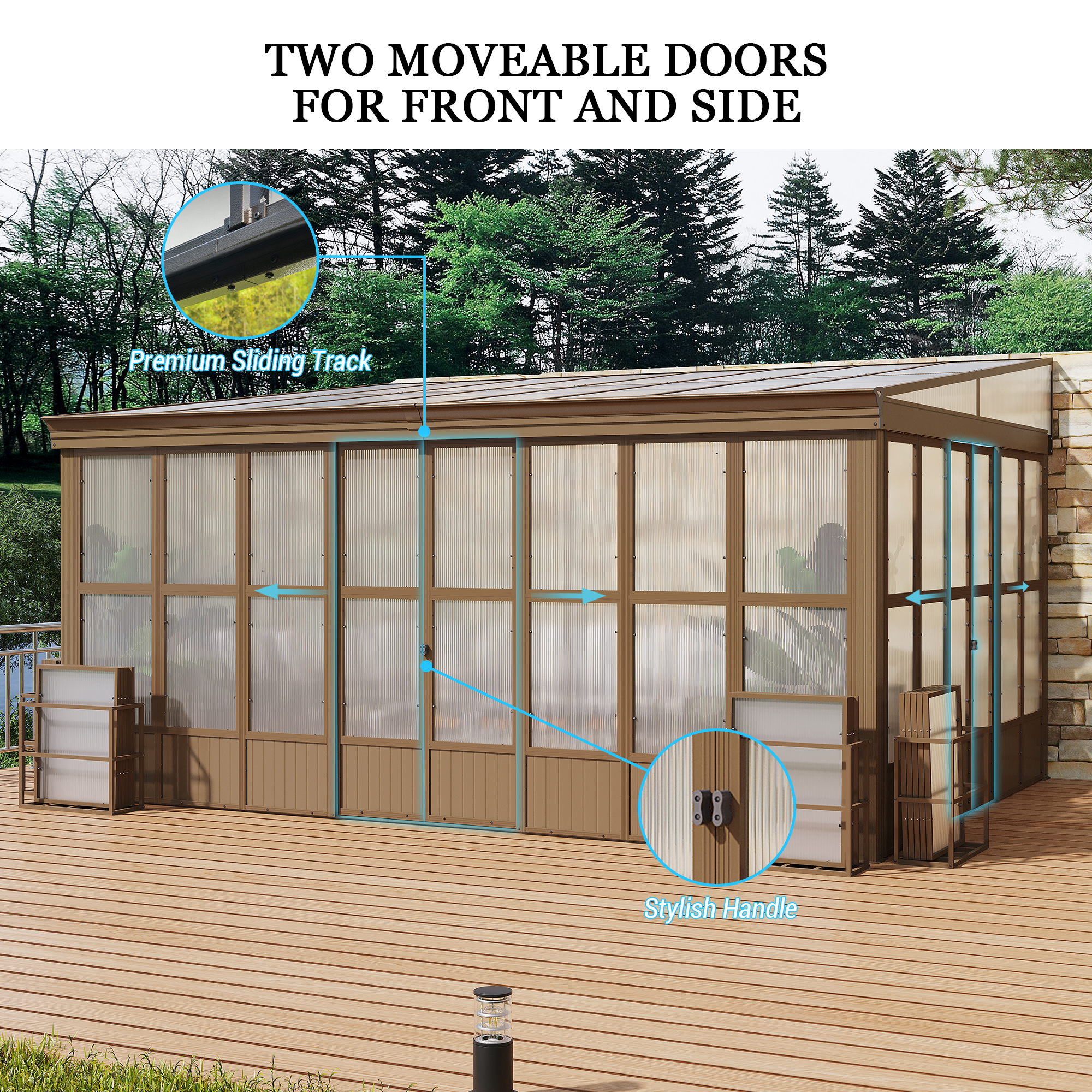 Wall Mounted Solarium with Sloping Polycarbonate Roof, Detachable Polycarbonate Screens, 2 Lockable Sliding Doors, Aluminum Gazebo Against Wall Sun Room for Patio Deck
