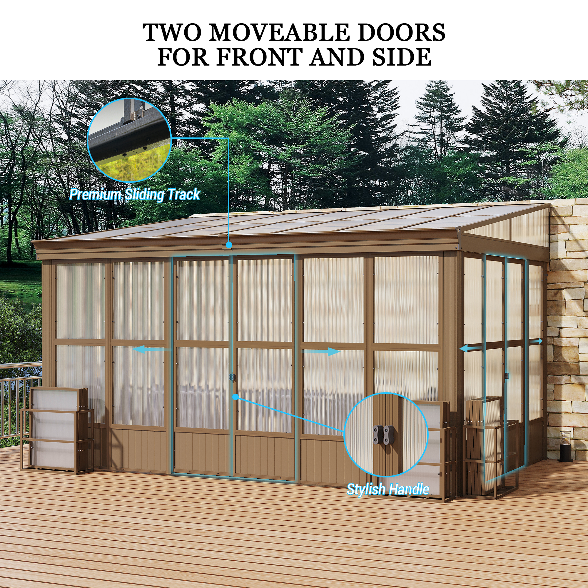 Wall Mounted Solarium with Sloping Polycarbonate Roof, Detachable Polycarbonate Screens, 2 Lockable Sliding Doors, Aluminum Gazebo Against Wall Sun Room for Patio Deck