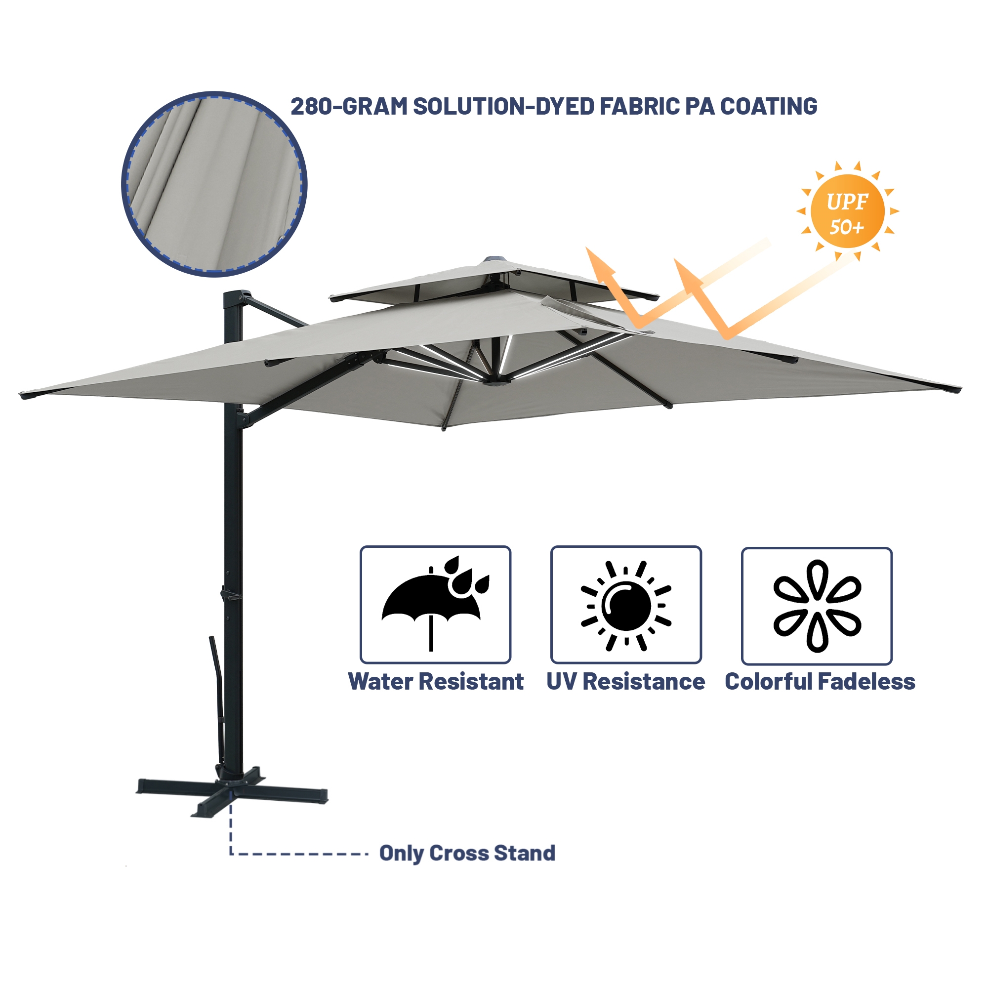 10-Ft Aluminum Patio Cantilever Umbrella with Base and Removable Lights