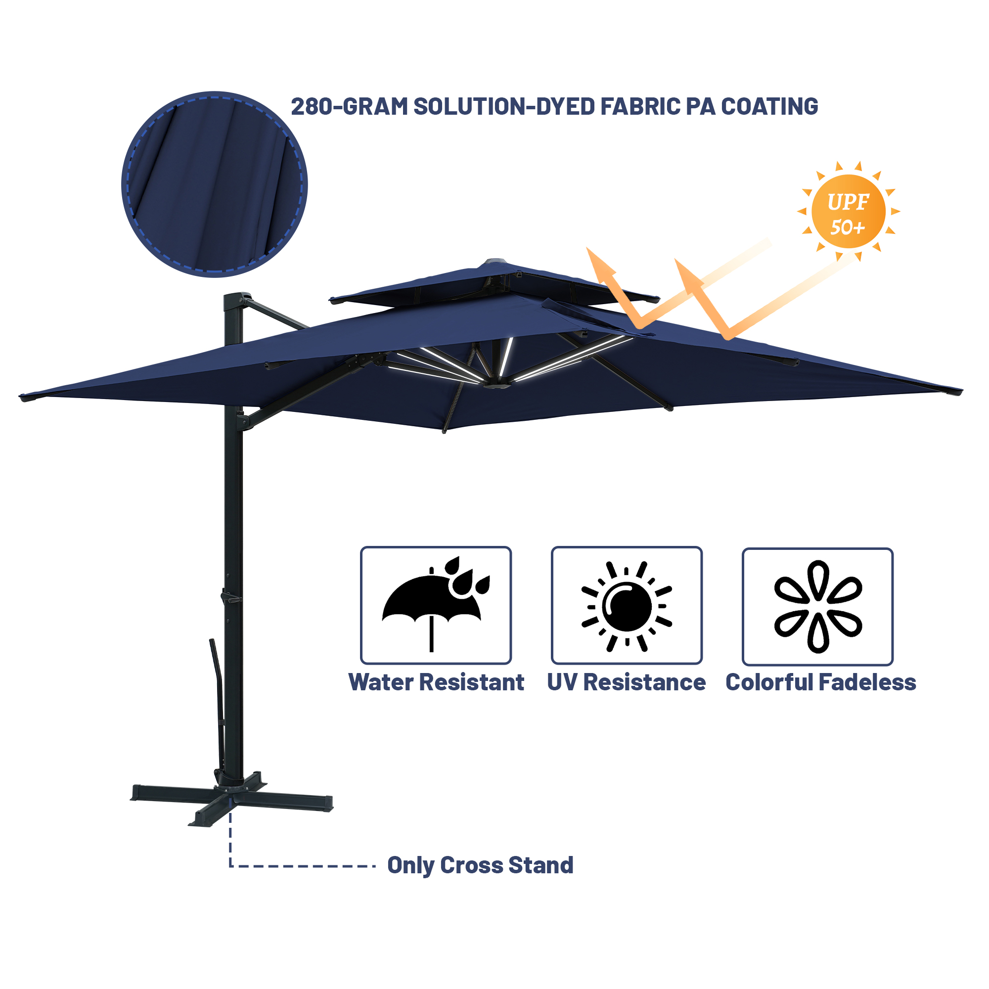 10-Ft Aluminum Patio Cantilever Umbrella with Base and Removable Lights