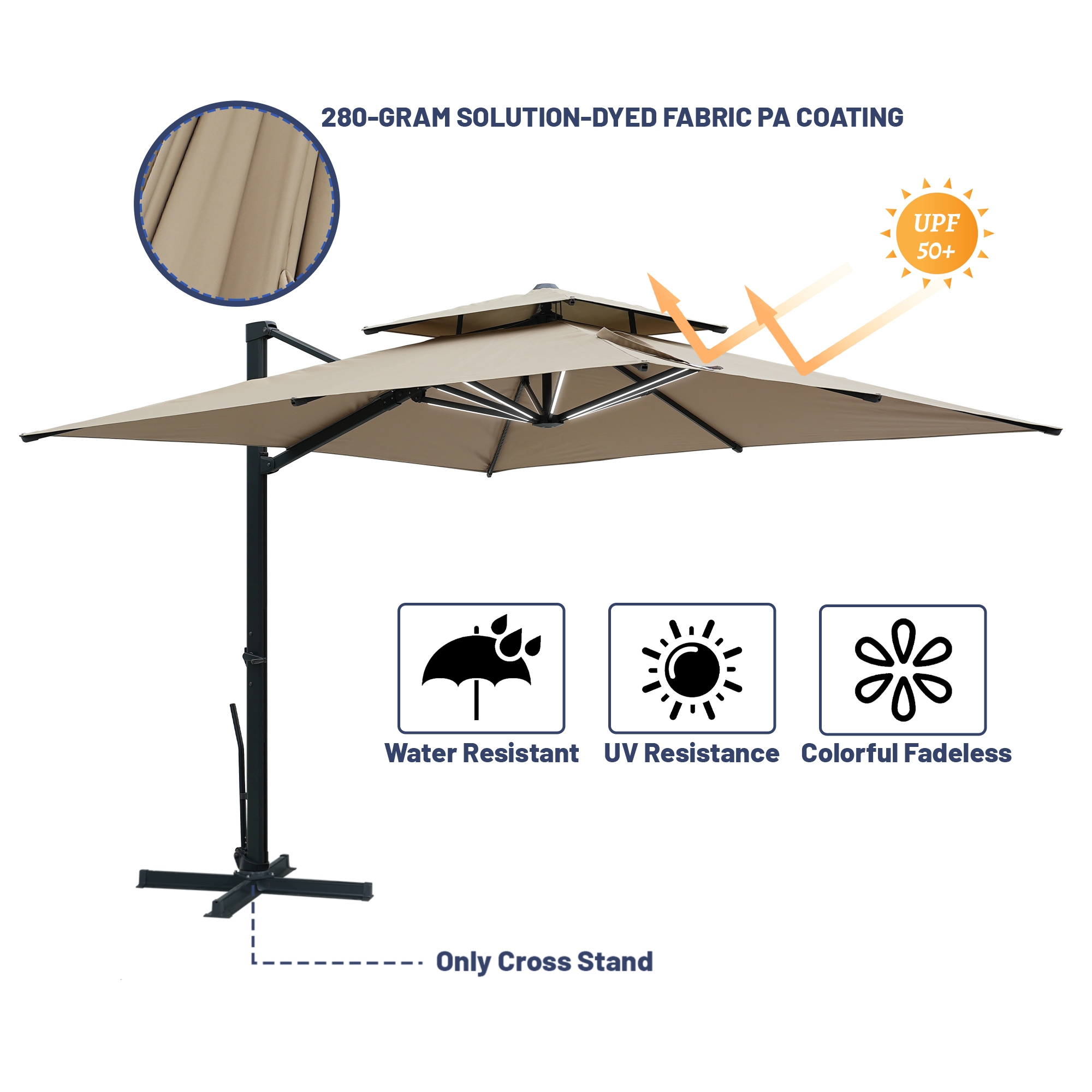 10-Ft Aluminum Patio Cantilever Umbrella with Base and Removable Lights