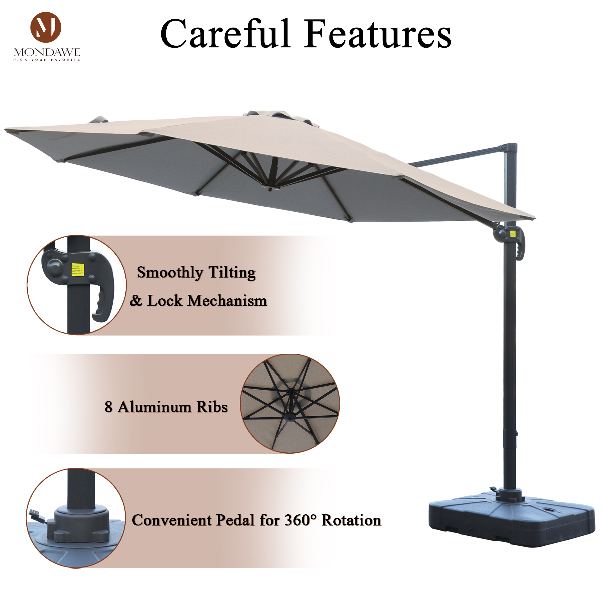 Mondawe 11 ft. Outdoor 360° Rotation Patio Cantilever Umbrella with Base for Garden Balcony-Mondawe