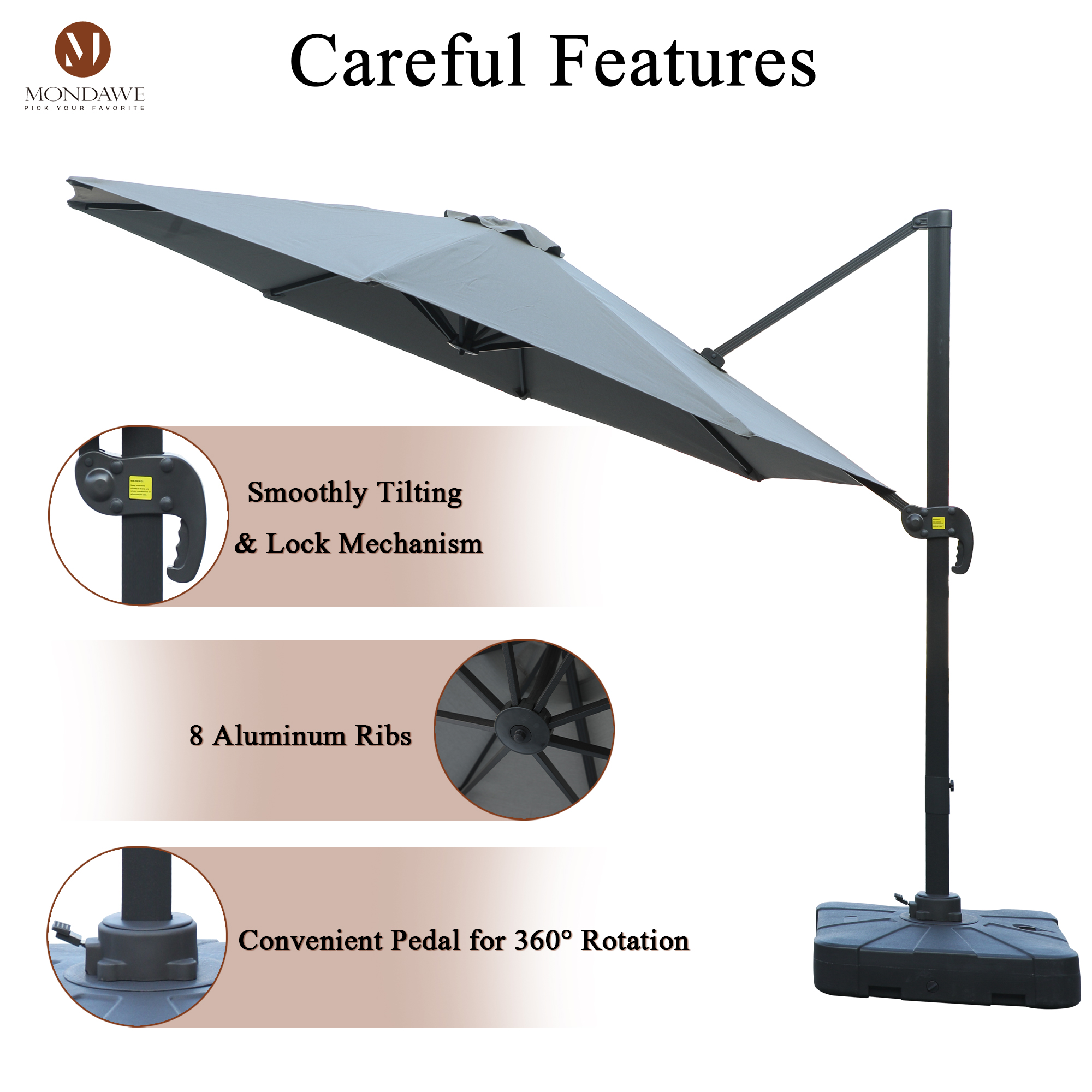 Mondawe 11 ft. Outdoor 360° Rotation Patio Cantilever Umbrella with Base for Garden Balcony-Mondawe
