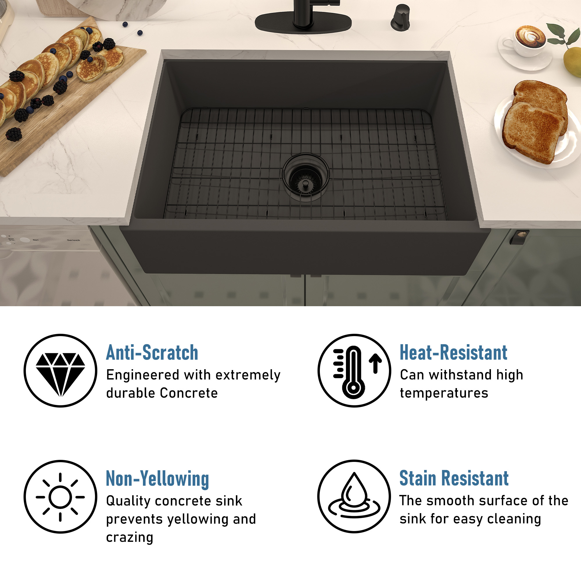 Boyel Living 30 in. Farmhouse/Apron-Front Single Bowl Black Earth S4 Concrete Kitchen Sink with Bottom Grid and Strainer Basket