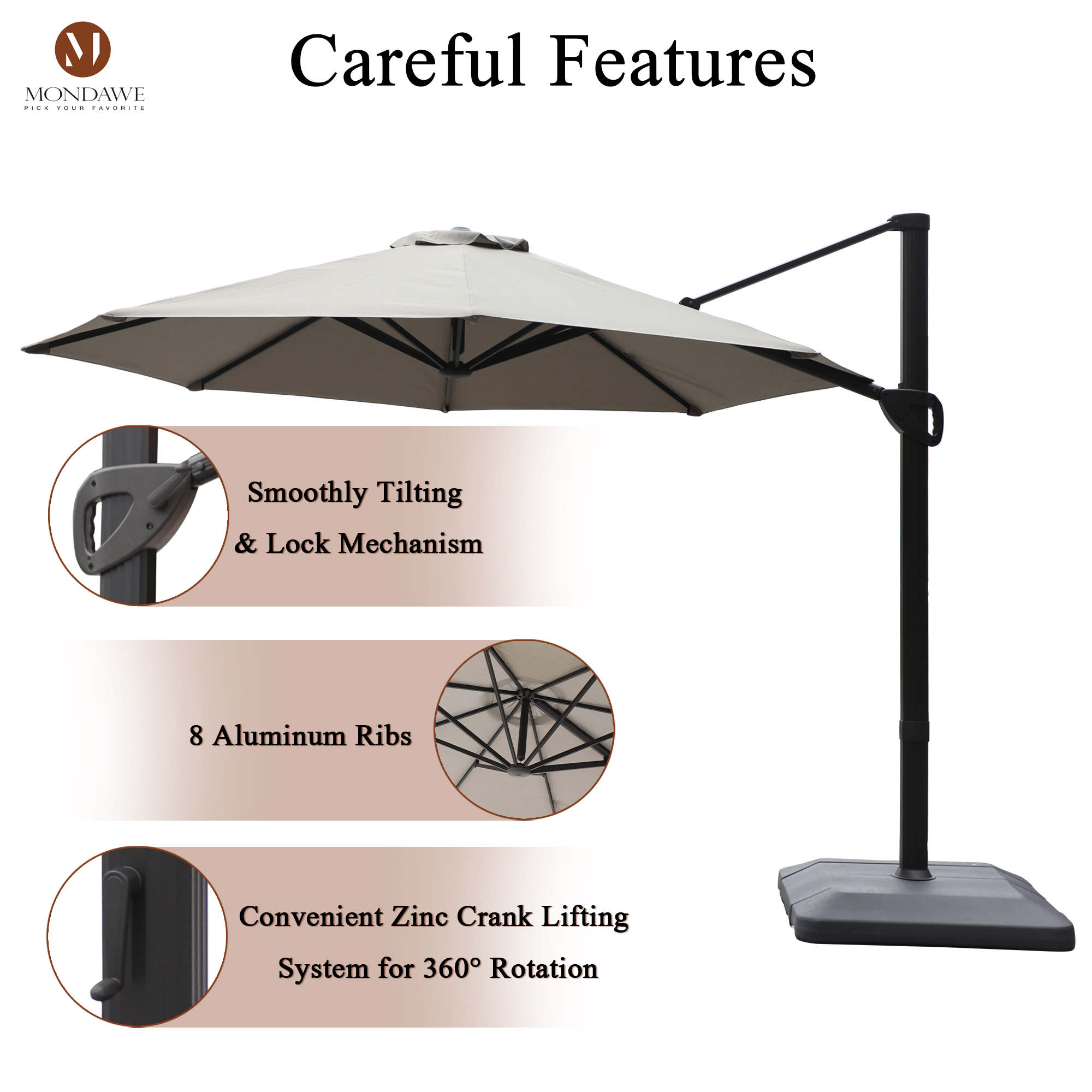 Mondawe 11 ft. Aluminum 360° Rotation Cantilever Patio Umbrella with Base for Garden Balcony-Mondawe
