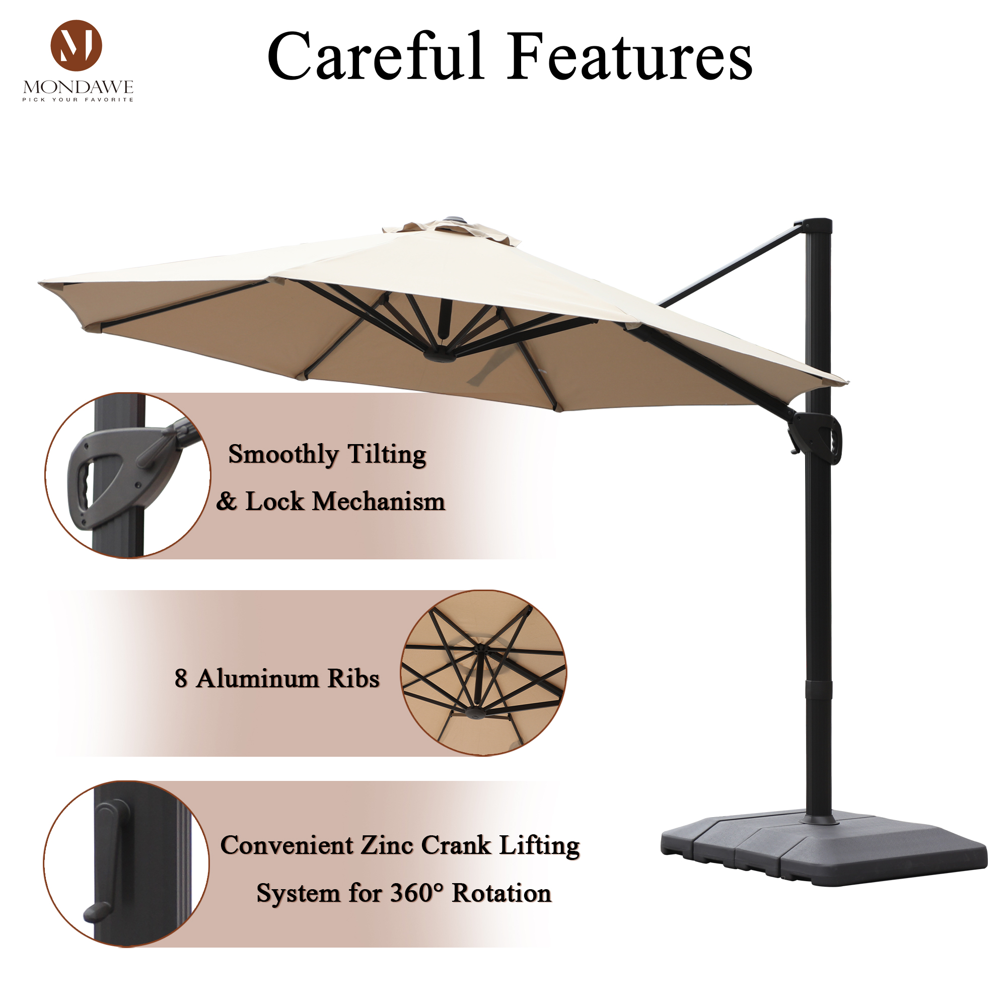 Mondawe 11 ft. Aluminum 360° Rotation Cantilever Patio Umbrella with Base for Garden Balcony-Mondawe