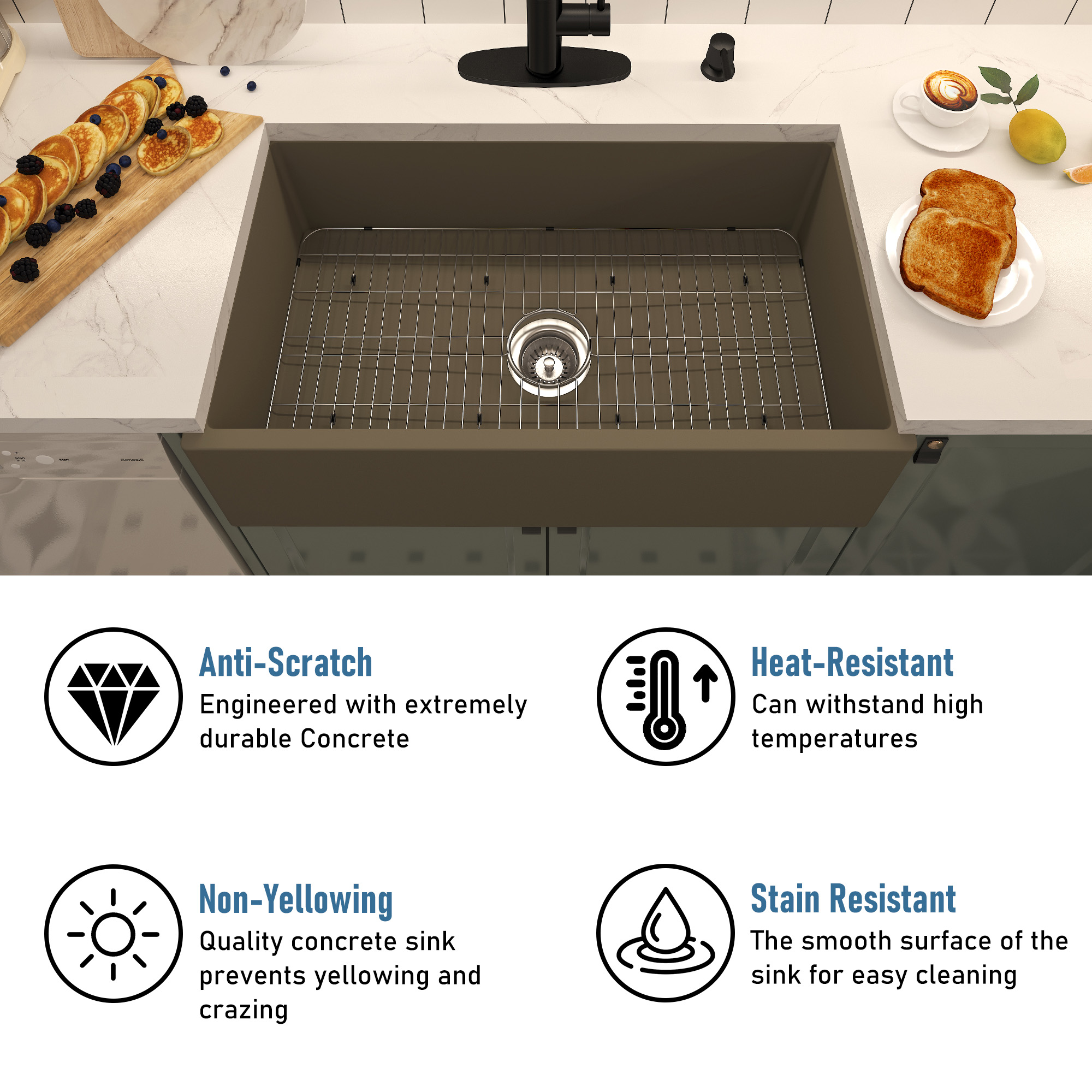 Boyel Living 33 in. Farmhouse/Apron-Front Single Bowl Black Earth S4 Concrete Kitchen Sink with Bottom Grid and Strainer Basket