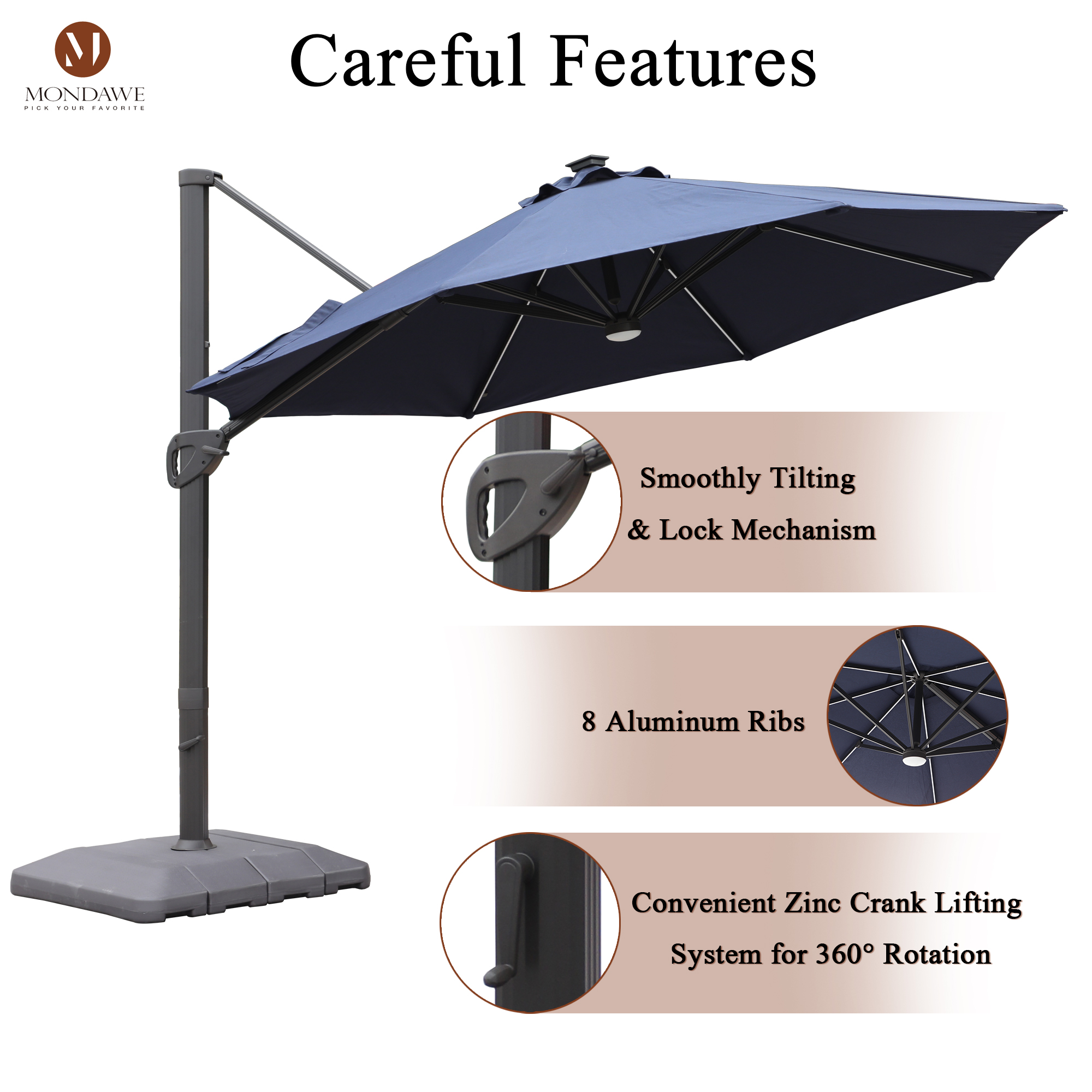 Mondawe 11 ft. Aluminum 360° Rotation Cantilever Patio Umbrella with Led Lights and Base for Balcony-Mondawe