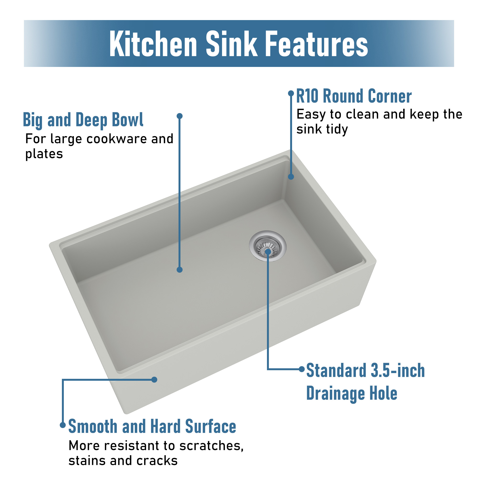 30 in. Farmhouse/Apron-Front Single Bowl Black Earth Concrete Kitchen Sink with Cutting Board, Rolling Drying Rack, Grid