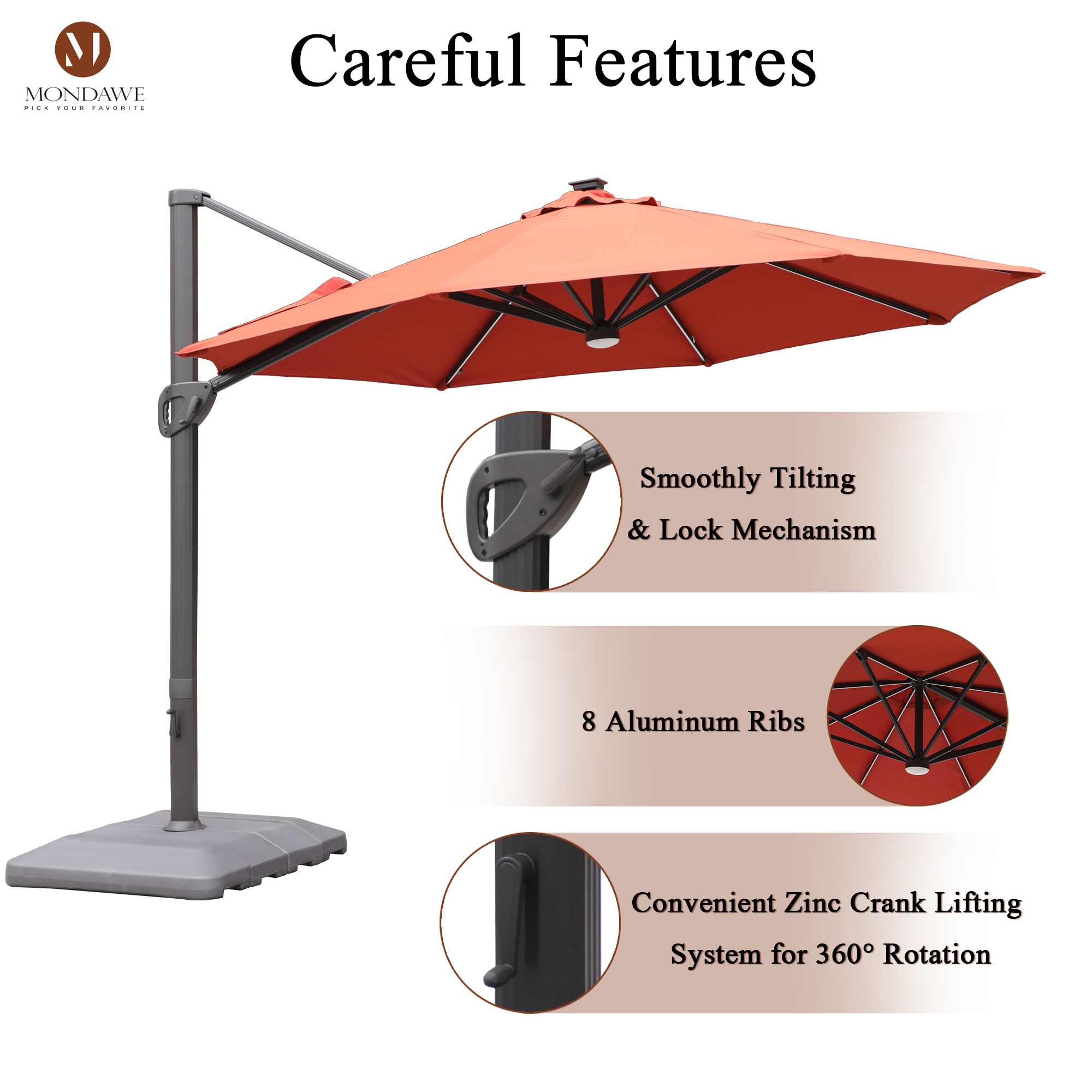 Mondawe 11 ft. Aluminum 360° Rotation Cantilever Patio Umbrella with Led Lights and Base for Balcony-Mondawe