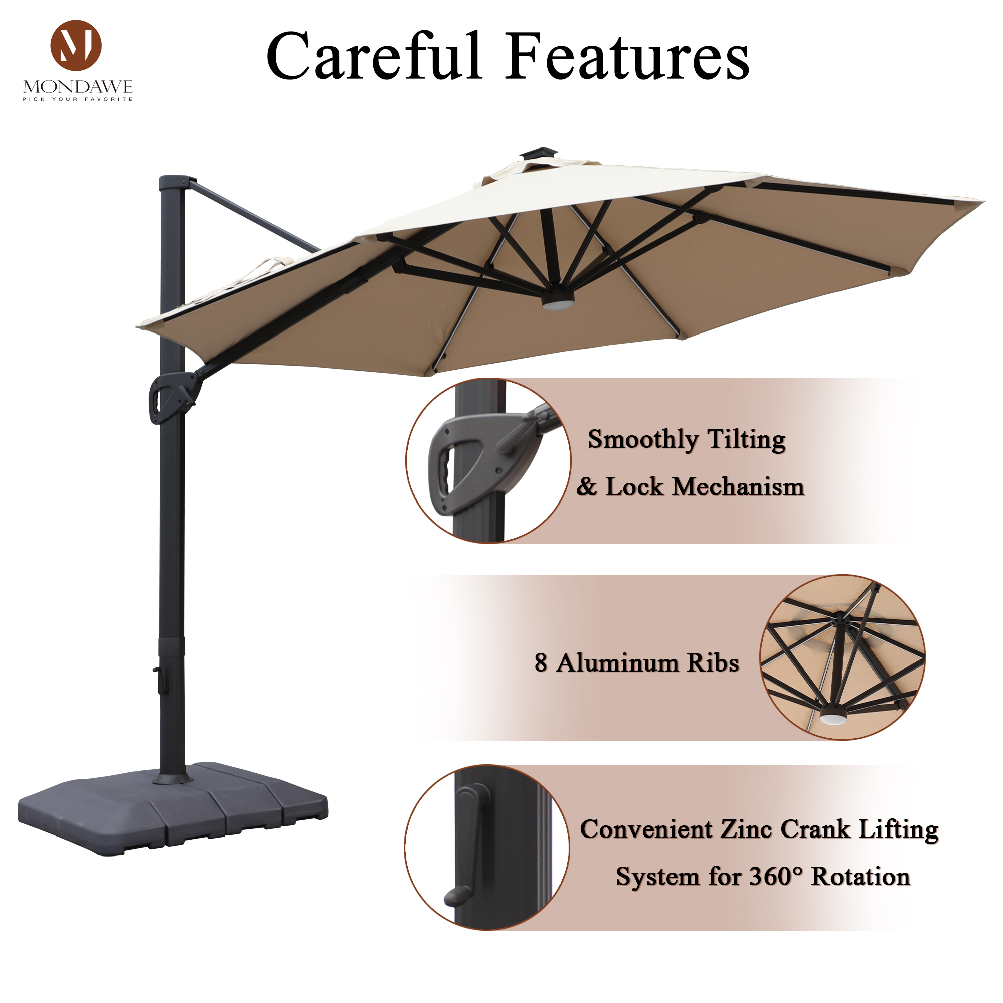Mondawe 11 ft. Aluminum 360° Rotation Cantilever Patio Umbrella with Led Lights and Base for Balcony-Mondawe