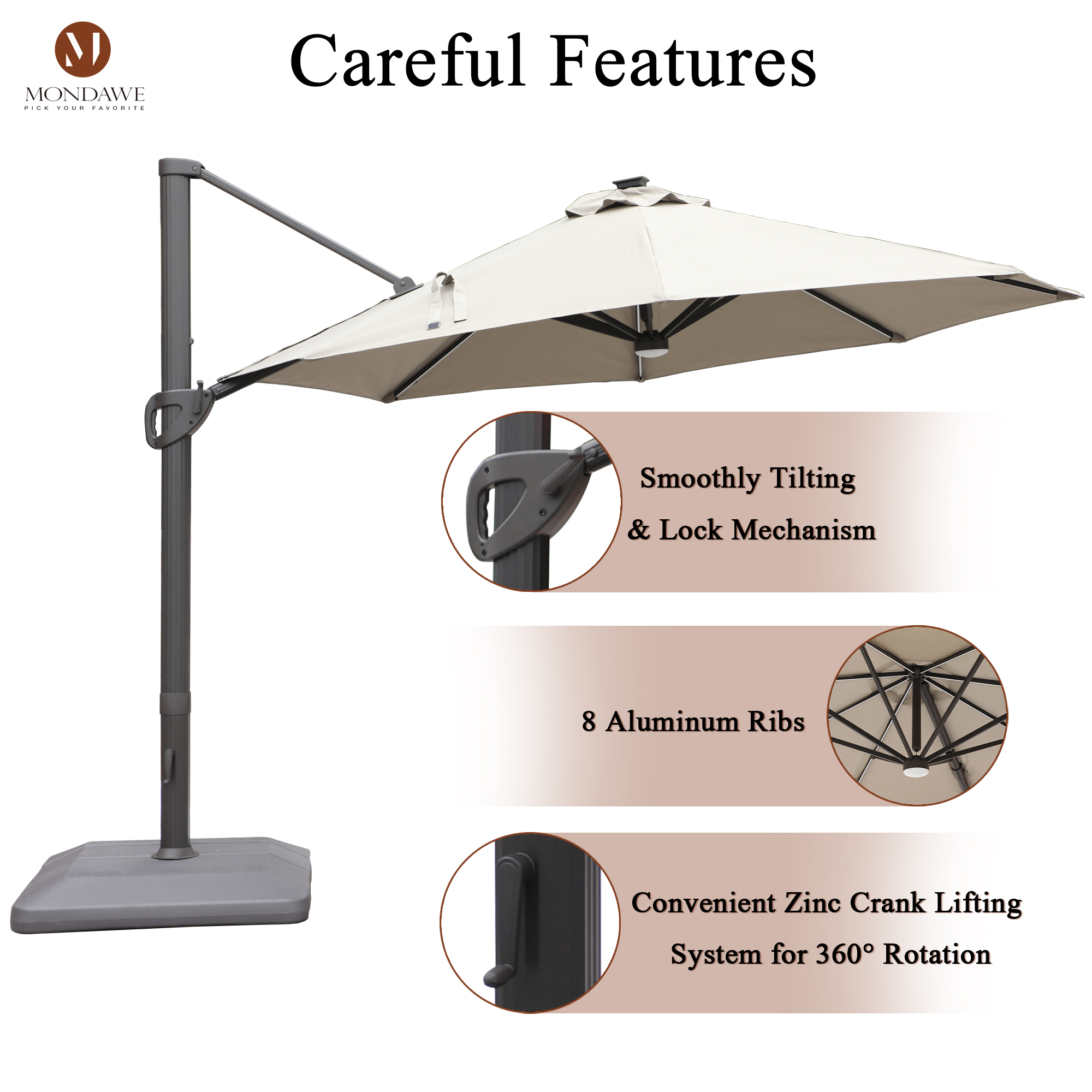 Mondawe 11 ft. Aluminum 360° Rotation Cantilever Patio Umbrella with Led Lights and Base for Balcony-Mondawe