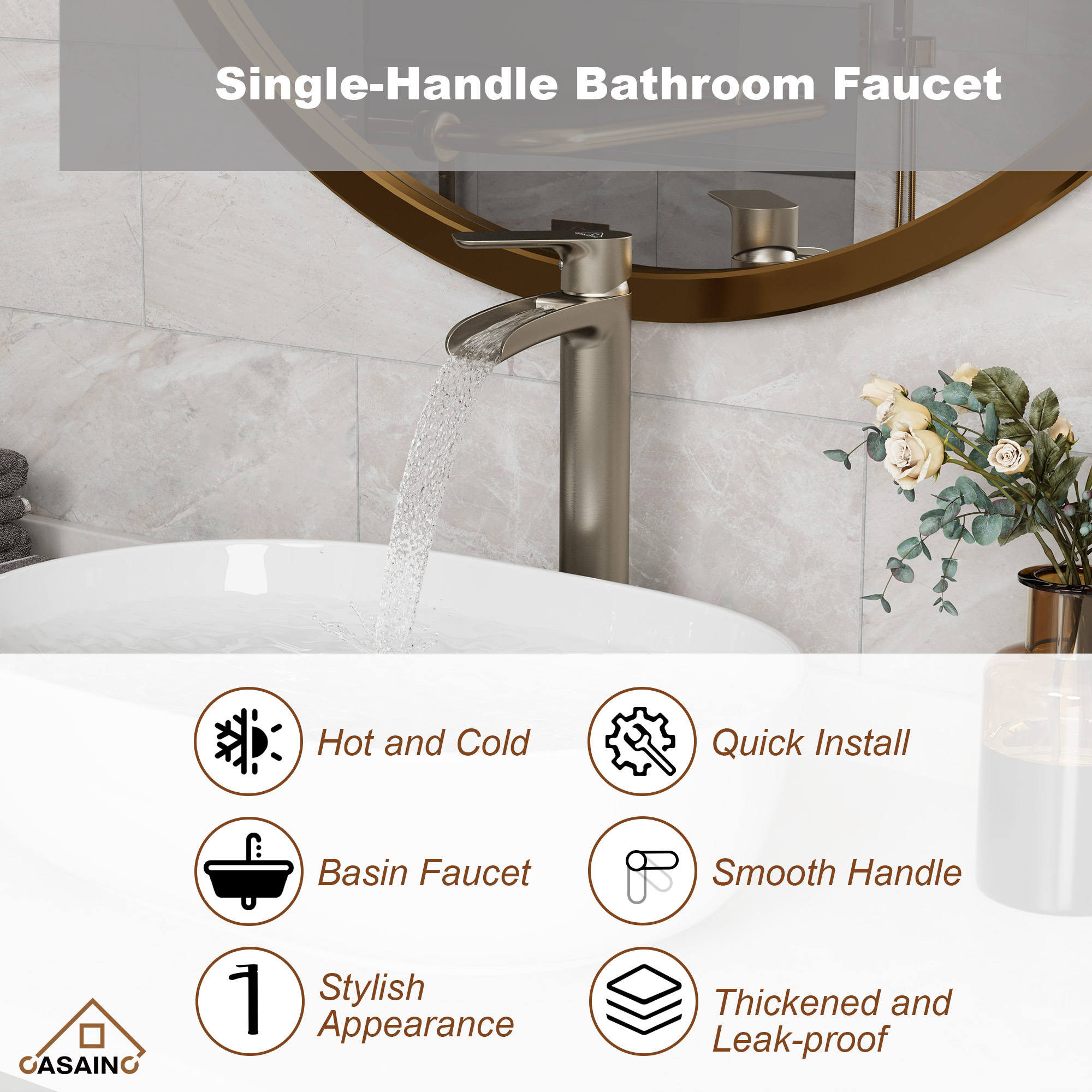 Waterfall Spout High Vessel Bathroom Sink Faucet, Basin Faucet Single Handle Single Hole Brushed Nickel/Matte Black