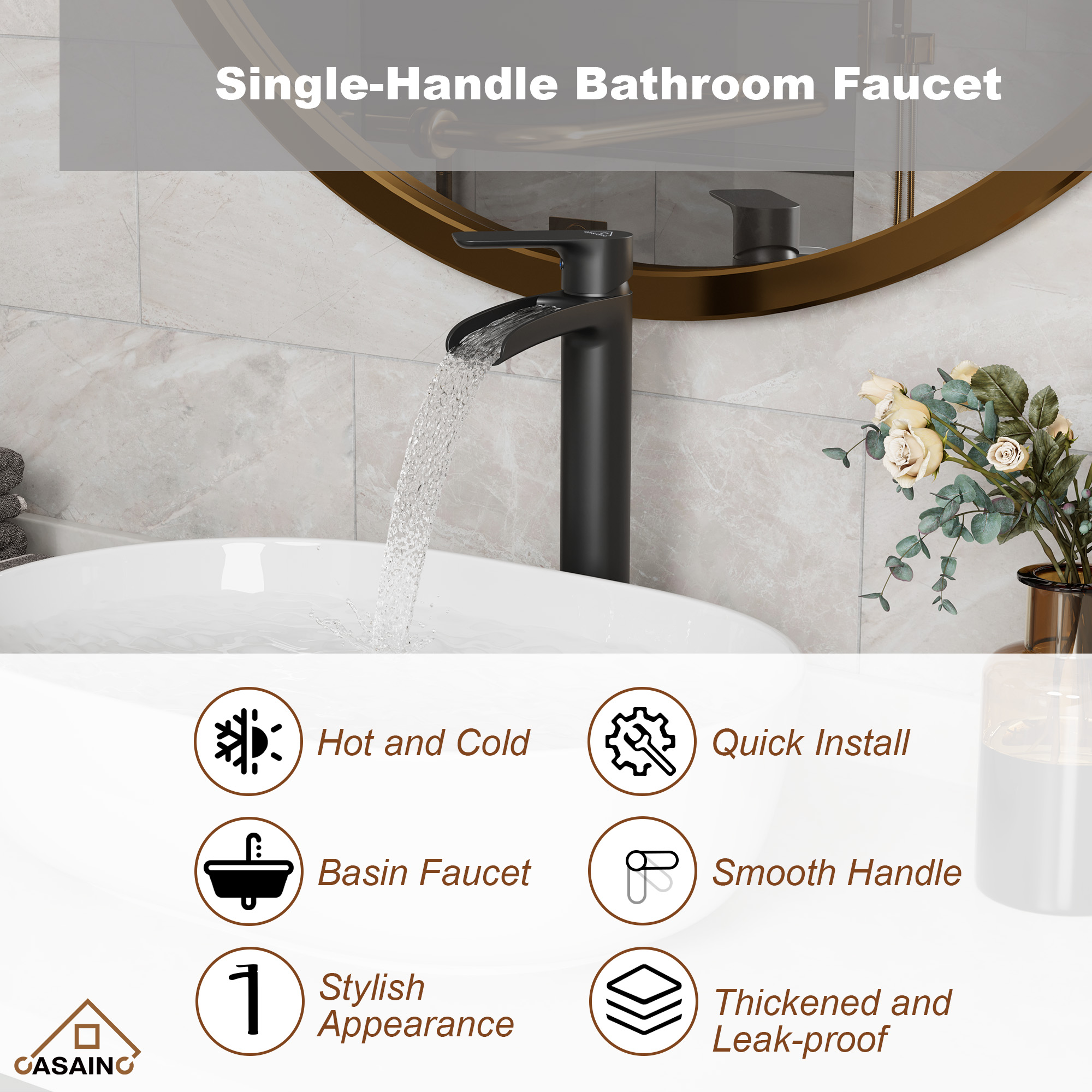 Waterfall Spout High Vessel Bathroom Sink Faucet, Basin Faucet Single Handle Single Hole Brushed Nickel/Matte Black