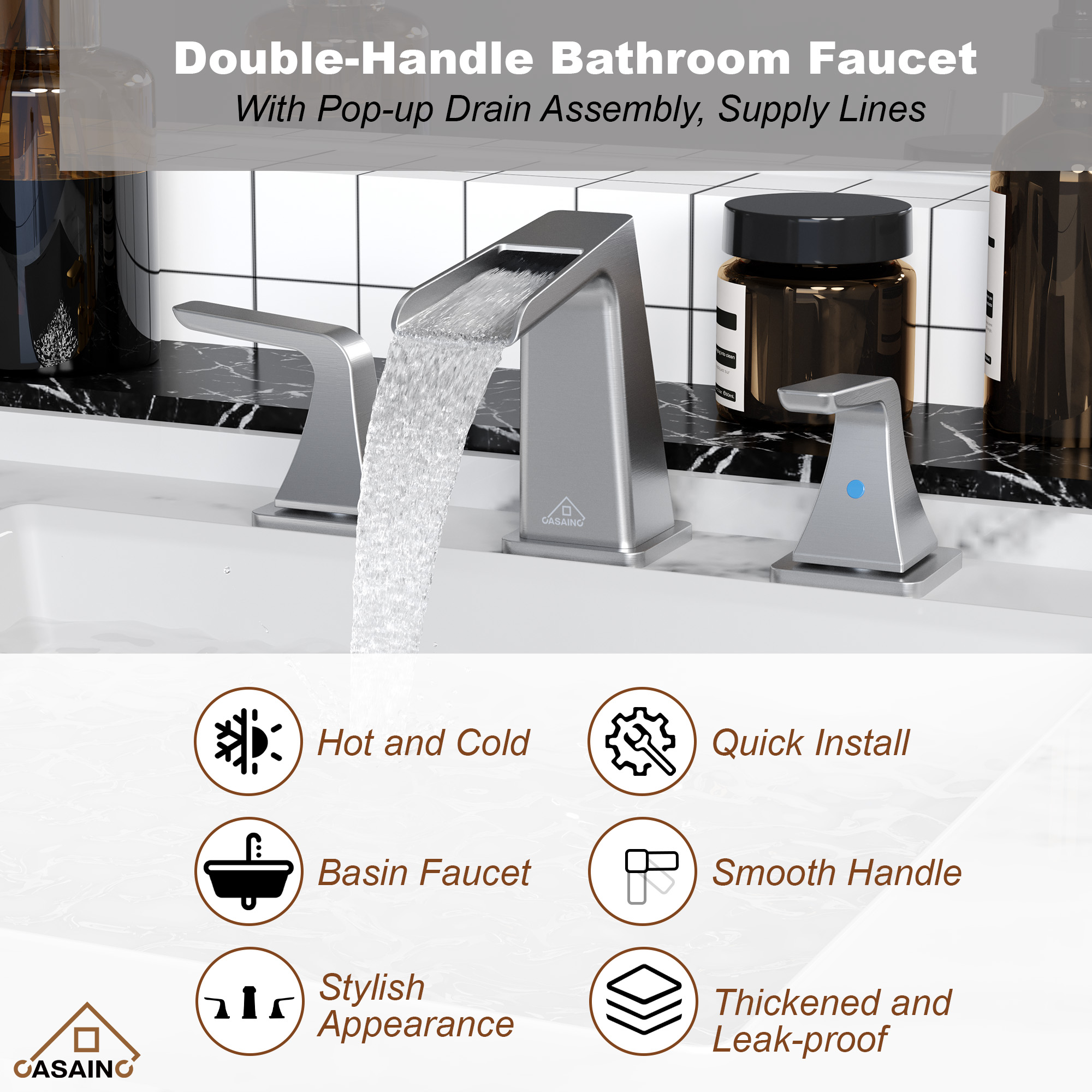 8 in. Widespread 2-Handle Waterfall Spout Bathroom Faucet with Pop-Up Drain Kit in Brushed Nickel/Brushed Gold/Matte Black