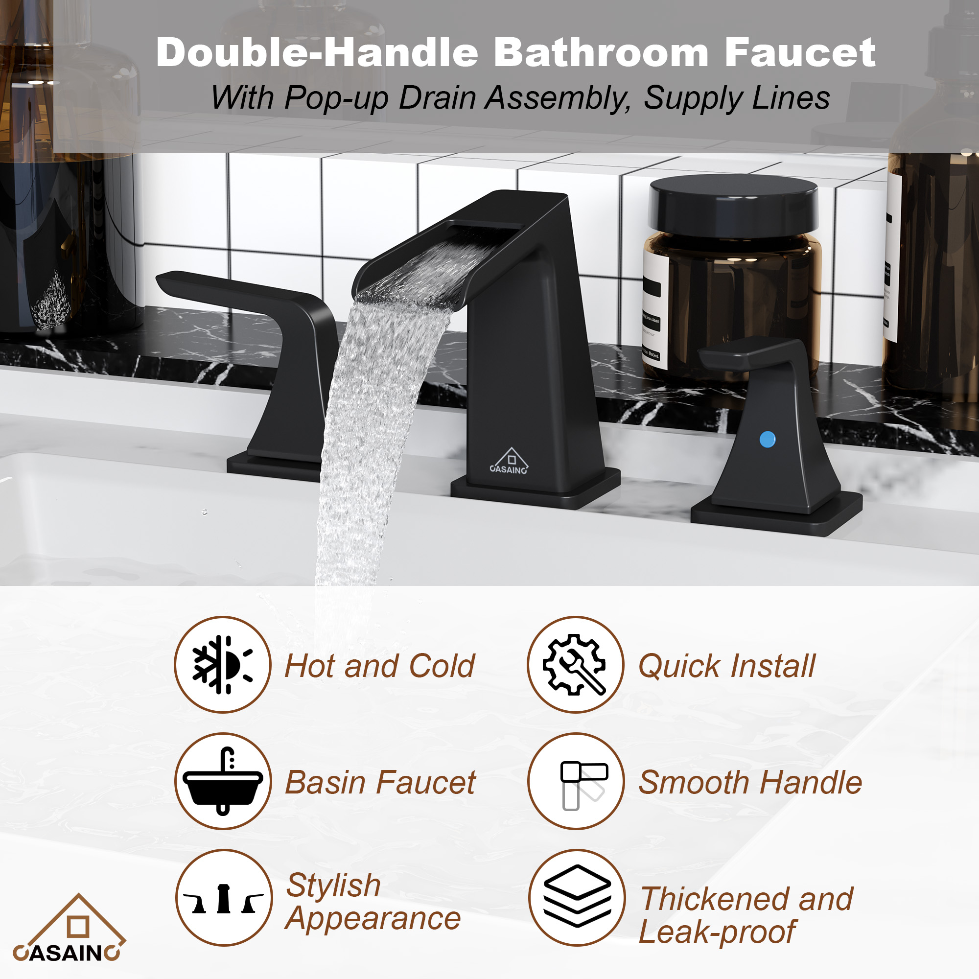 8 in. Widespread 2-Handle Waterfall Spout Bathroom Faucet with Pop-Up Drain Kit in Brushed Nickel/Brushed Gold/Matte Black