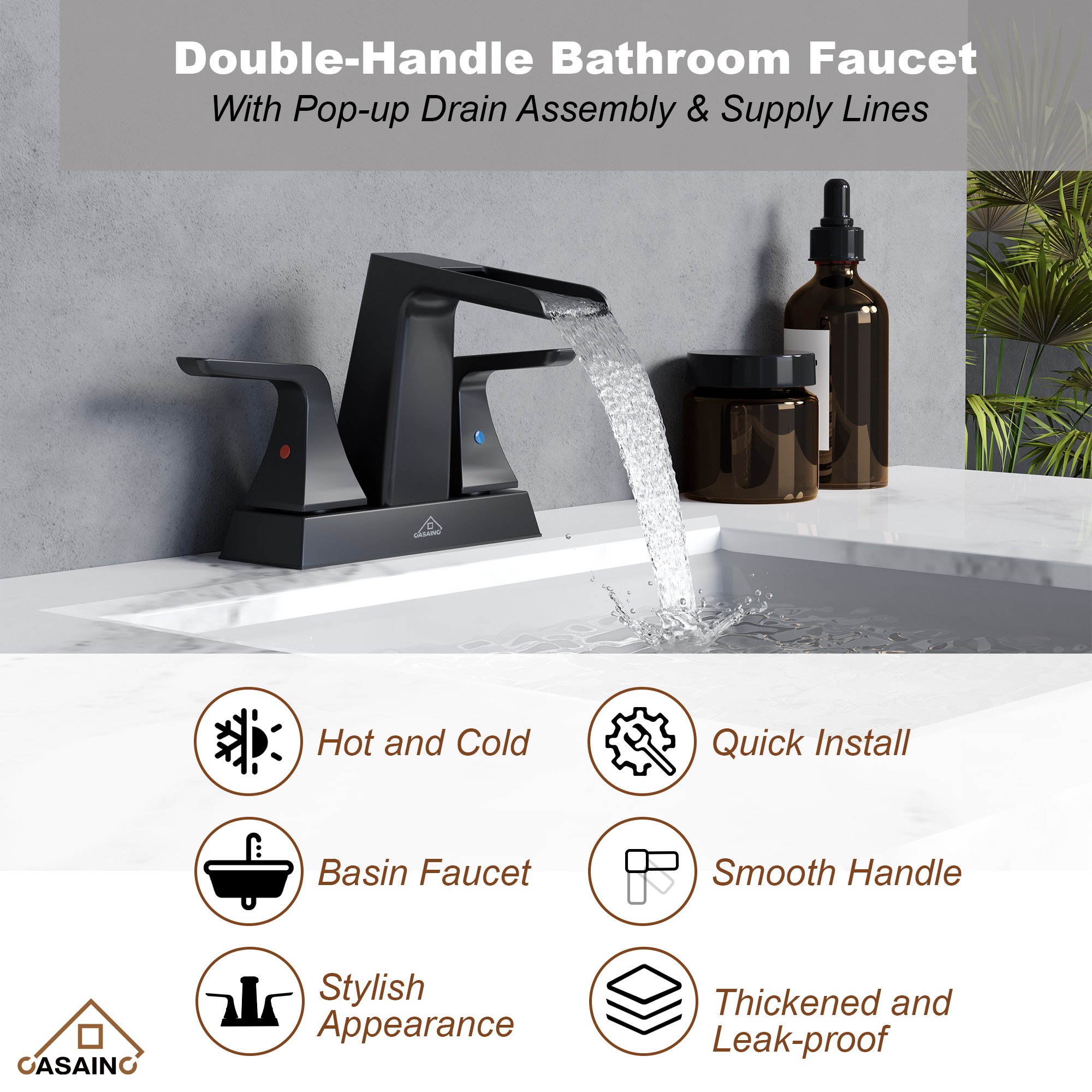 4 in. Centerset 2-Handle Waterfall Spout Mid Arc Lavatory Bathroom Faucet with Pop-Up Drain Kit in Brushed Gold/Matte Black