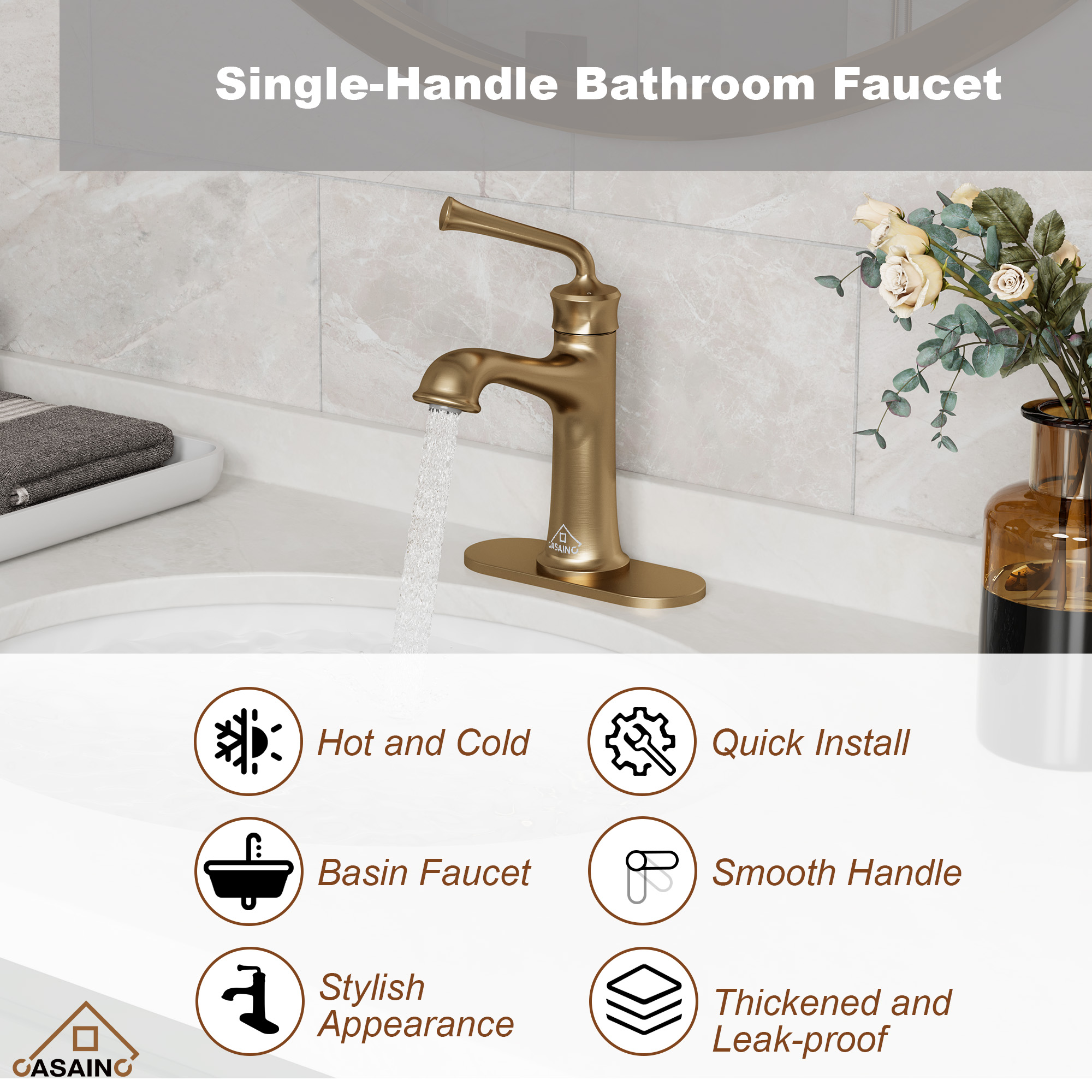 Single Handle Vessel Sink Faucet Single Hole Bathroom Faucet with Waterfall and Deck Plate in Brushed Gold